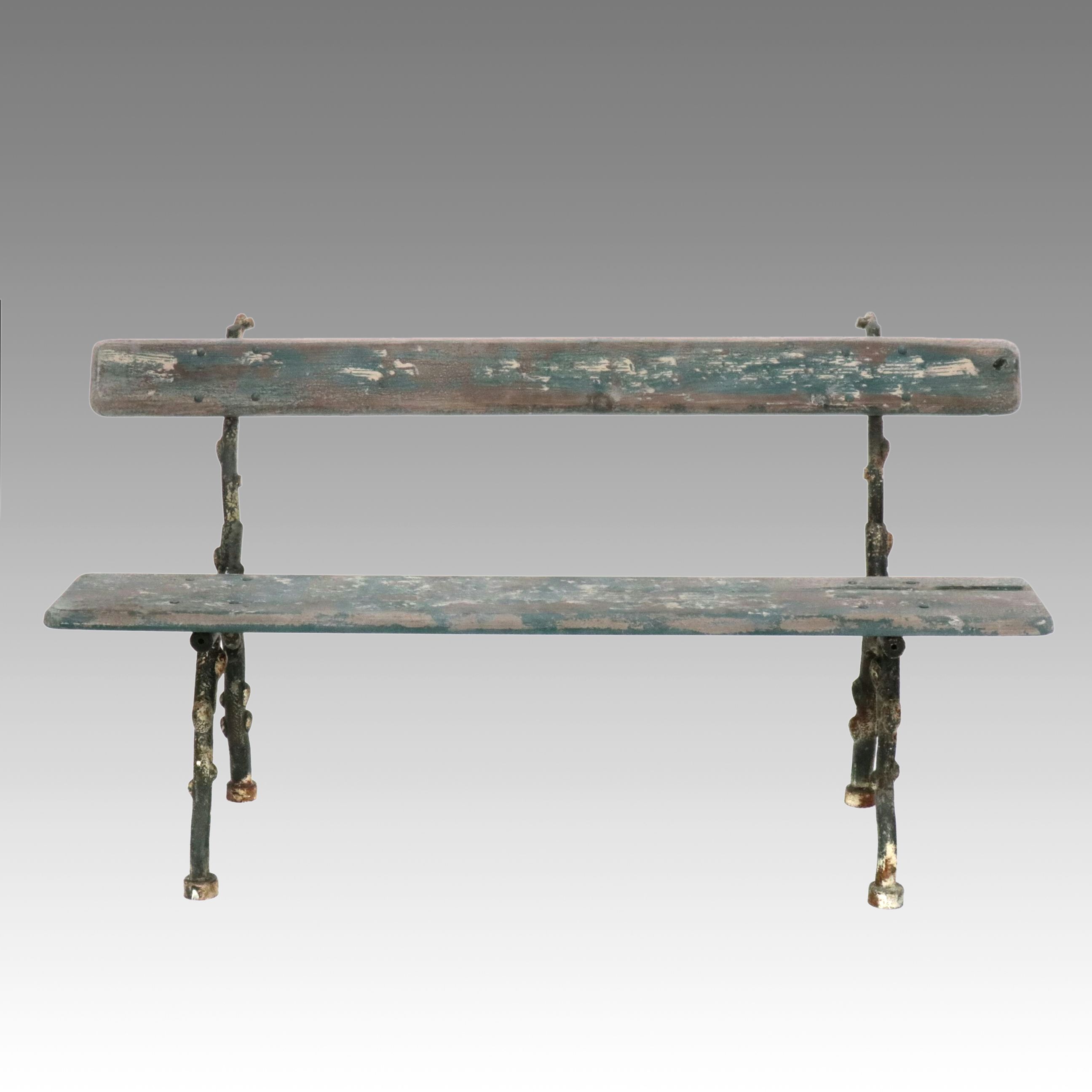 French Style Painted Wood and Cast Metal Faux Bois Bench, 20th Century