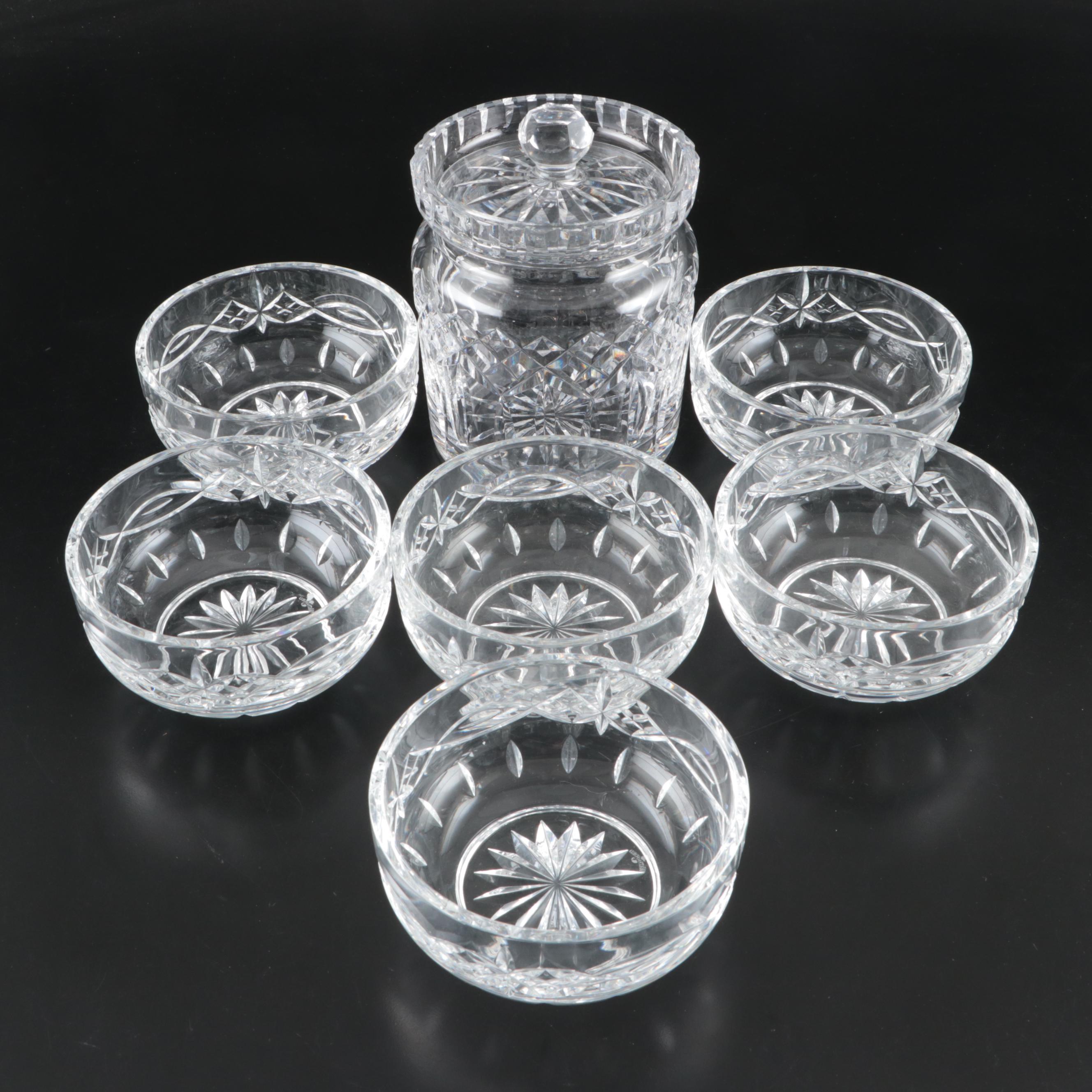 Waterford "Lismore" Biscuit Barrel and "Dolmen" Footed Bowls