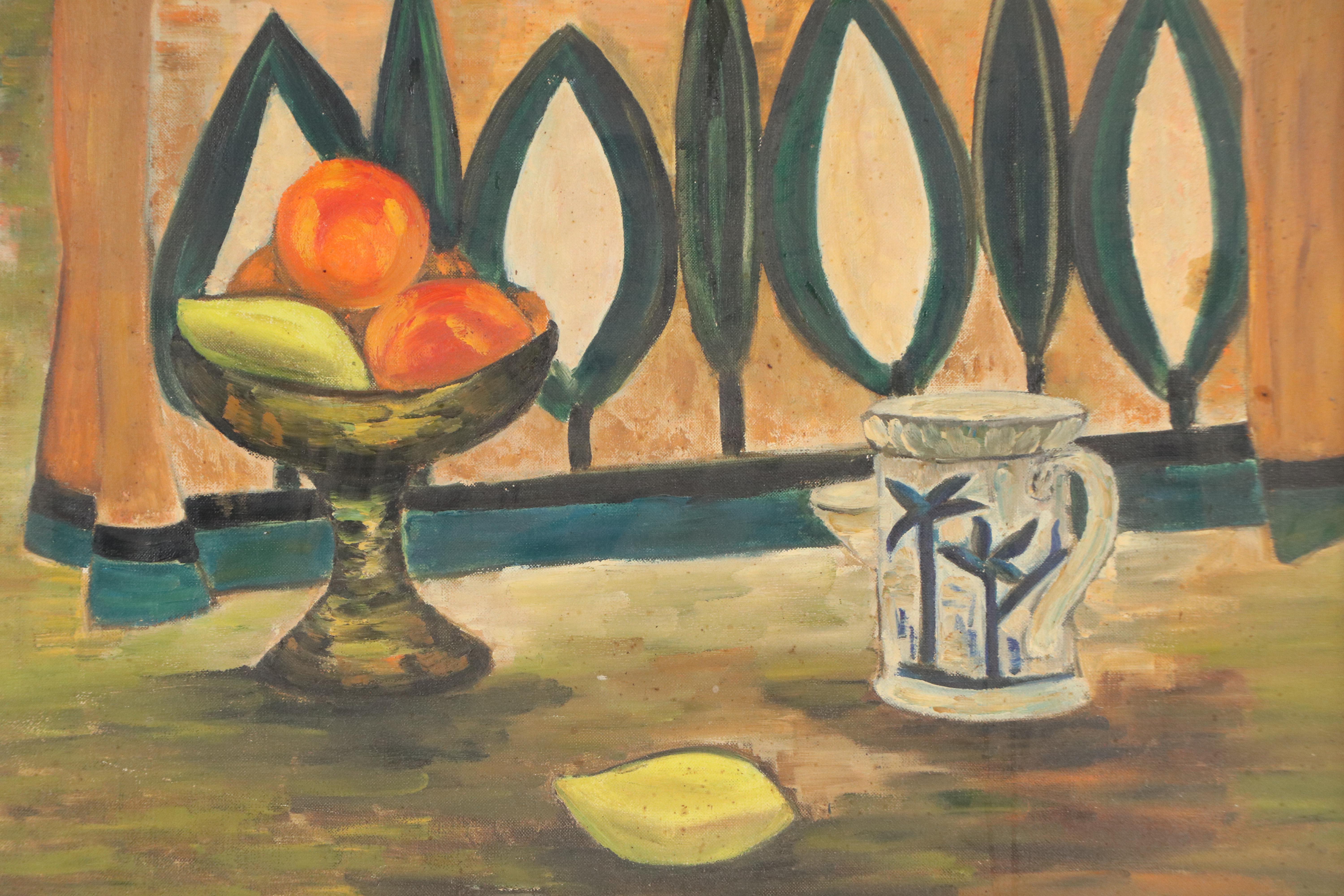 Pétion Still Life Oil Painting of Pitcher, Lemon, and Fruit Bowl, Mid-20th C.
