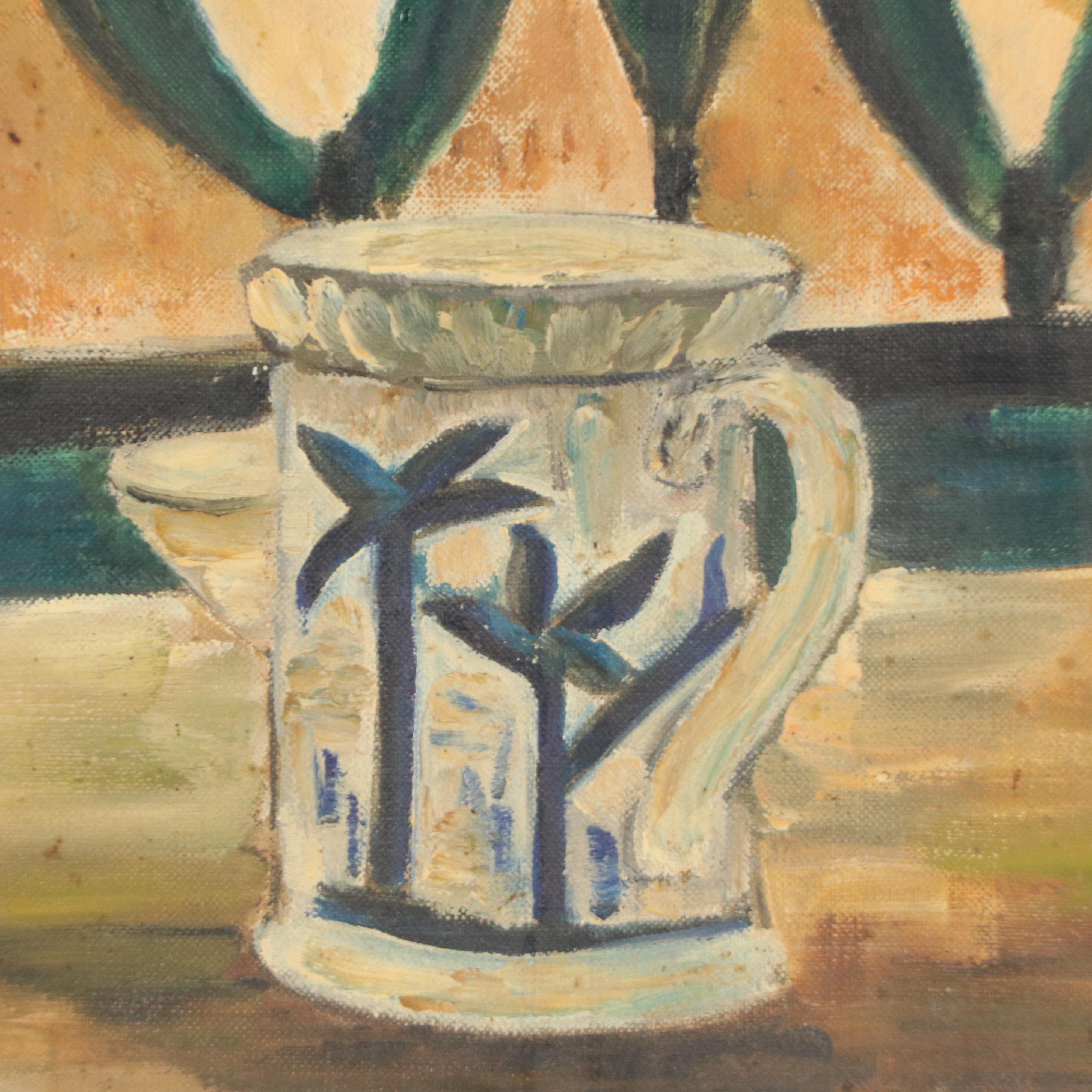 Pétion Still Life Oil Painting of Pitcher, Lemon, and Fruit Bowl, Mid-20th C.