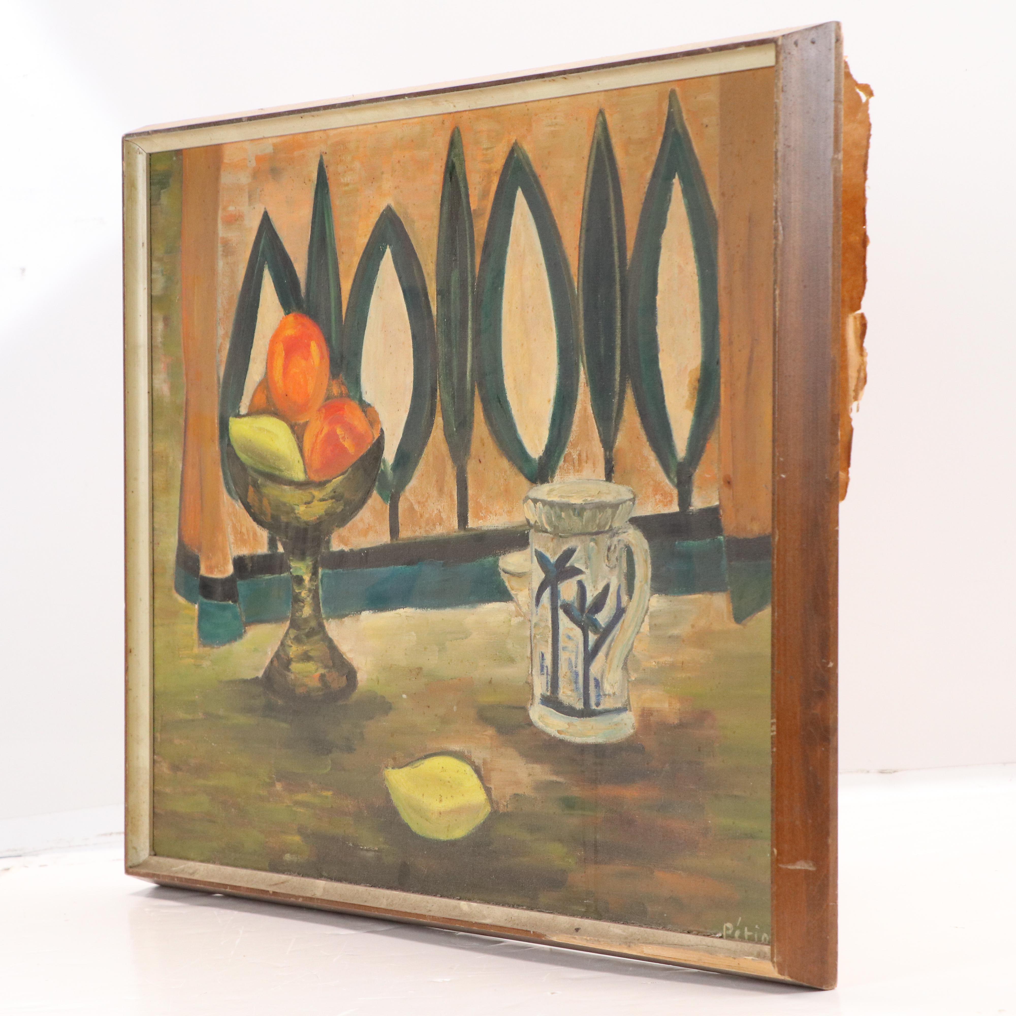 Pétion Still Life Oil Painting of Pitcher, Lemon, and Fruit Bowl, Mid-20th C.