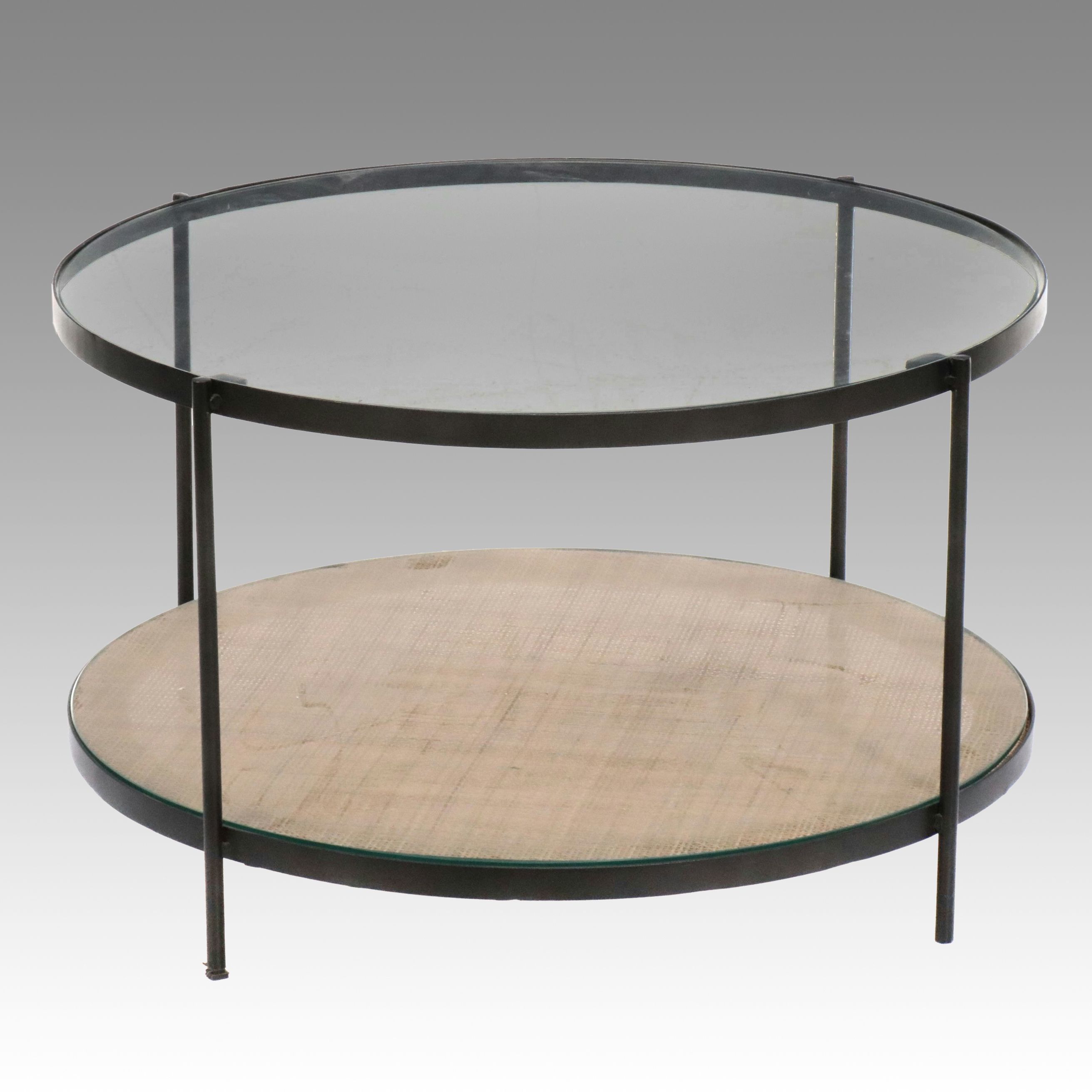 Contemporary Two-Tier Glass Top Coffee Table with Woven Cane Bottom