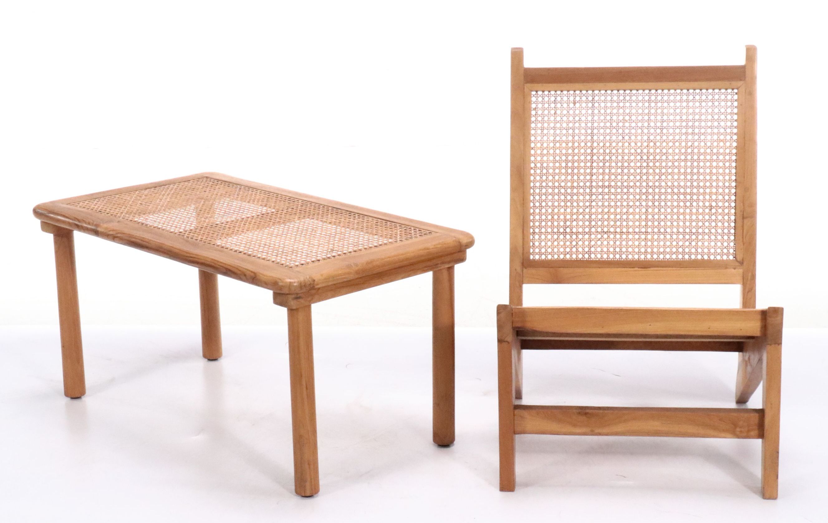 Danish Modern Style Wood and Cane Chair and Side Table