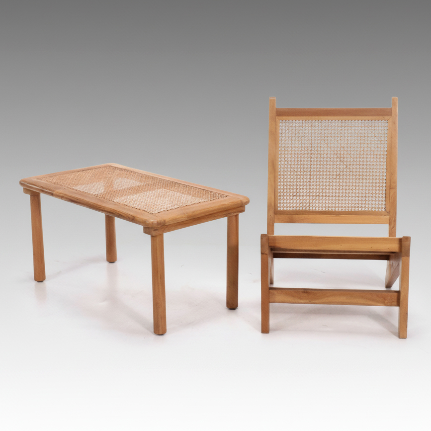 Danish Modern Style Wood and Cane Chair and Side Table