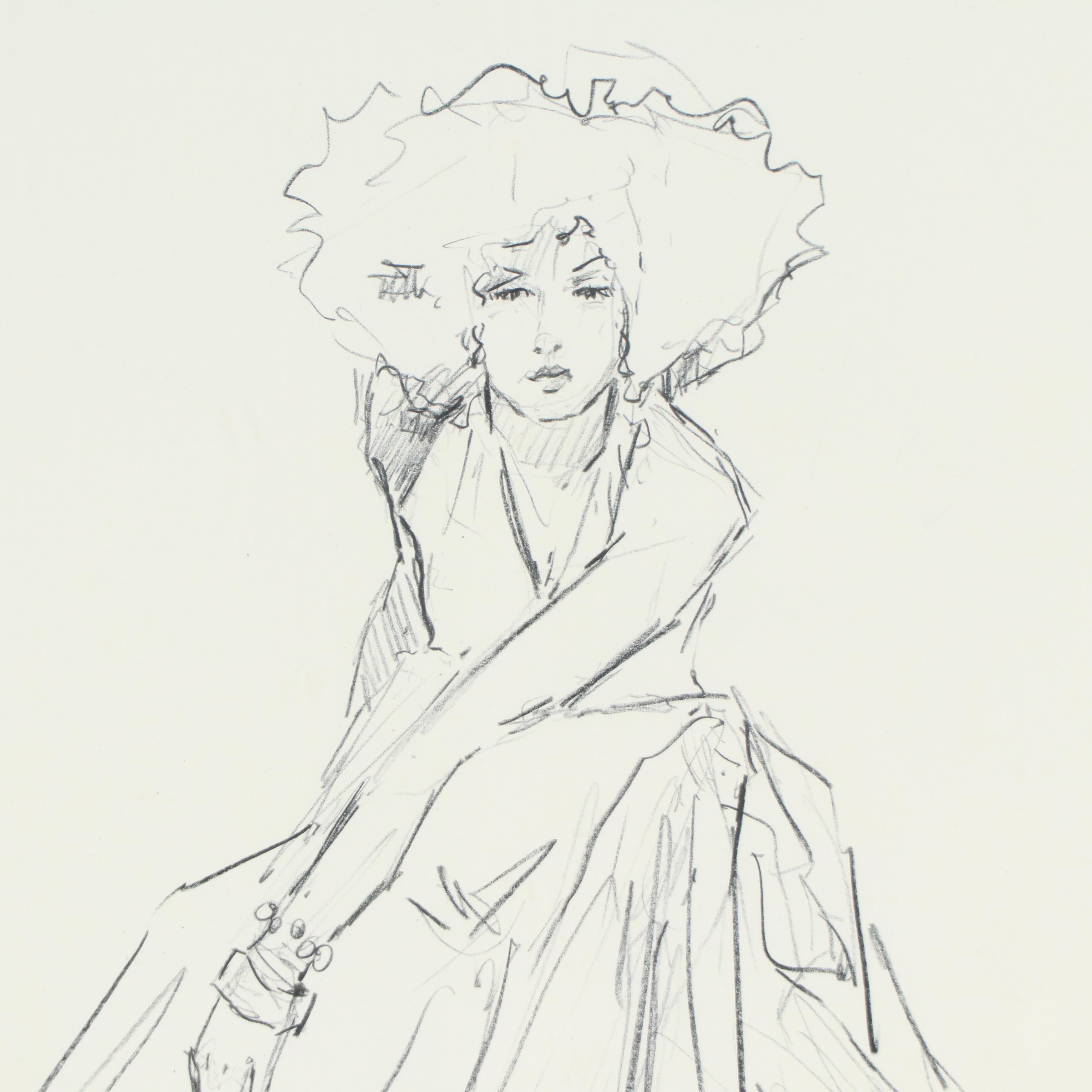 Gestural Figural Graphite Drawing of Seated Woman in Long Dress, 2010