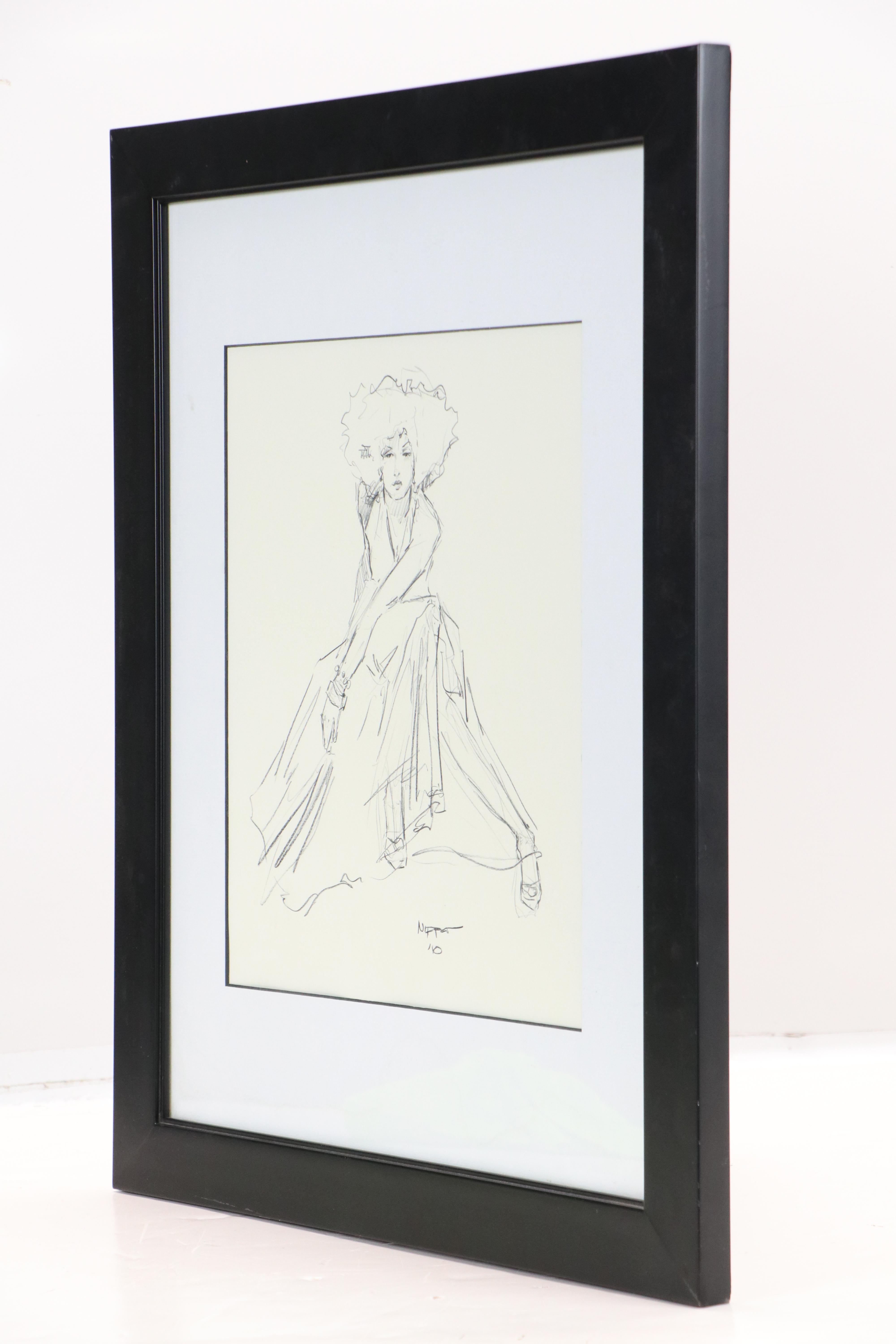 Gestural Figural Graphite Drawing of Seated Woman in Long Dress, 2010