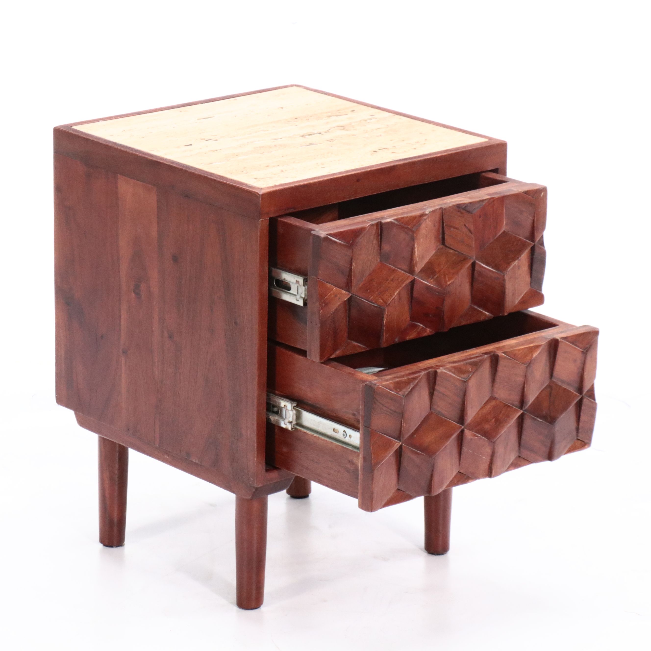 Pair of Contemporary Geometric Front Wooden Side Tables with Marble Tops