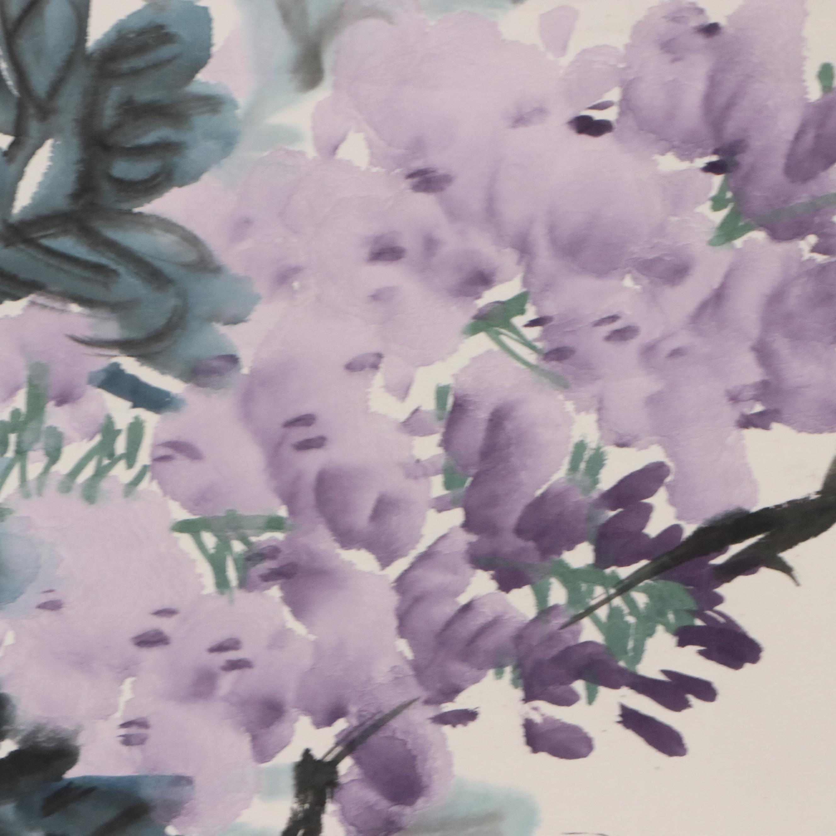 Chinese School Watercolor Painting of Koi Fish and Flowers