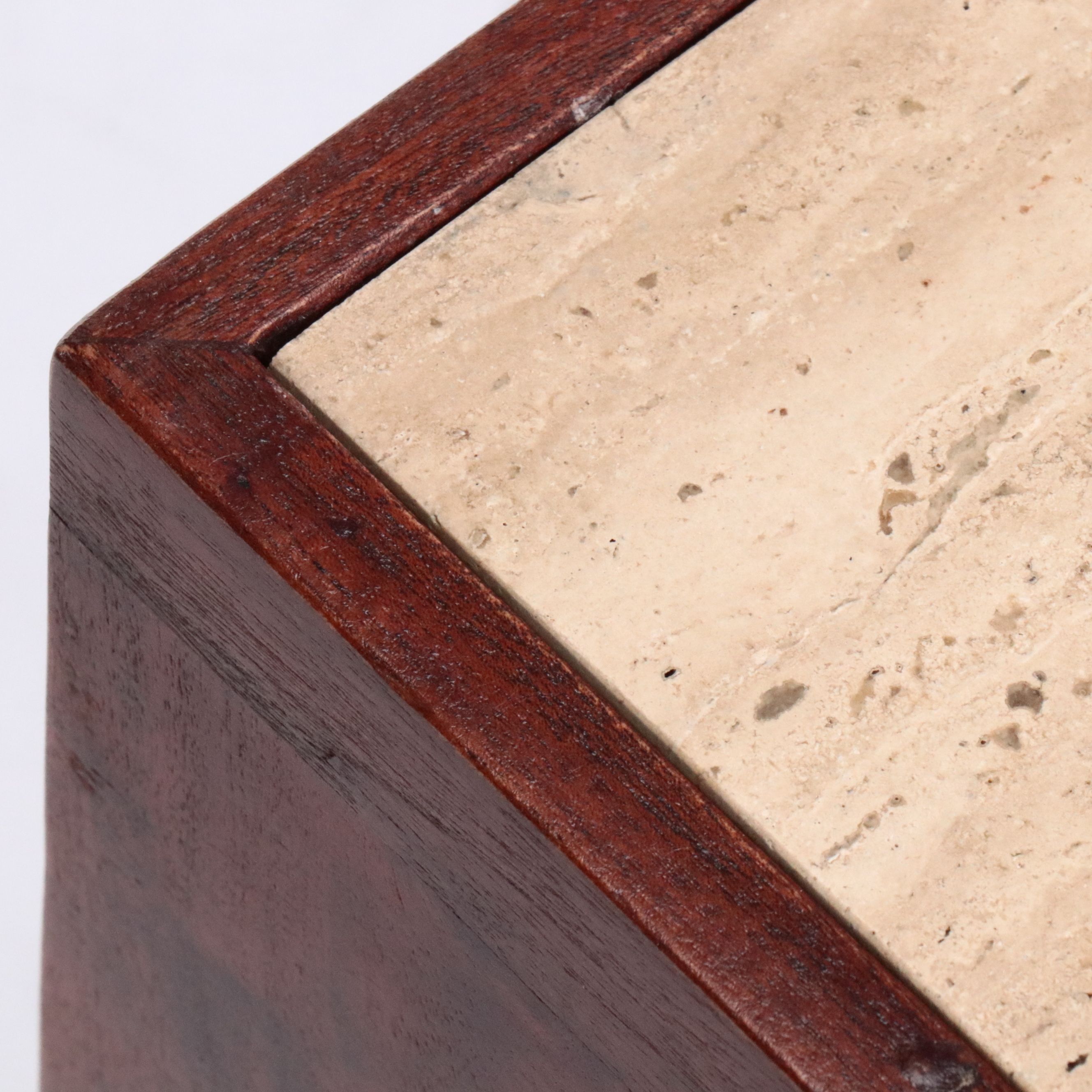 Pair of Contemporary Geometric Front Wooden Side Tables with Marble Tops