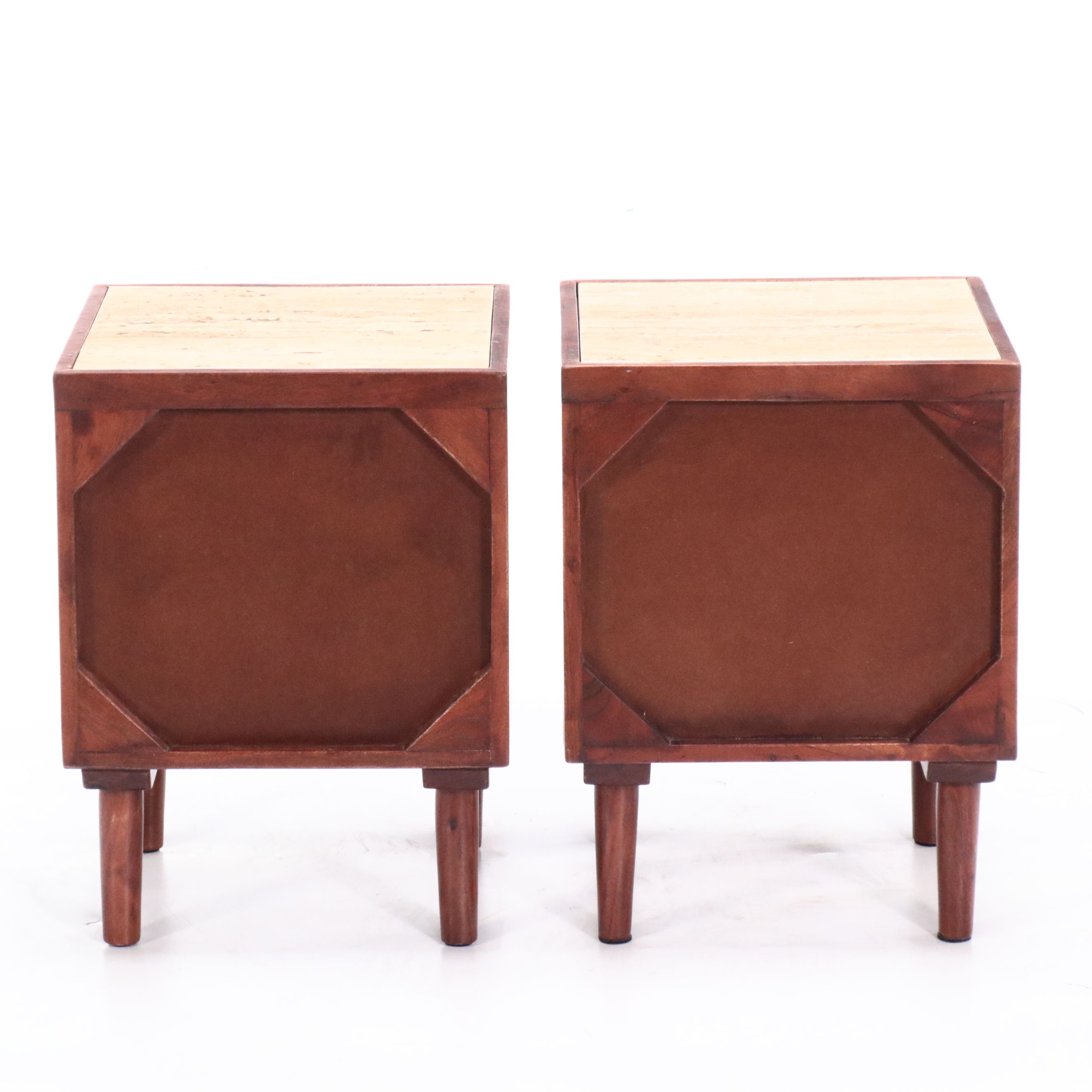 Pair of Contemporary Geometric Front Wooden Side Tables with Marble Tops