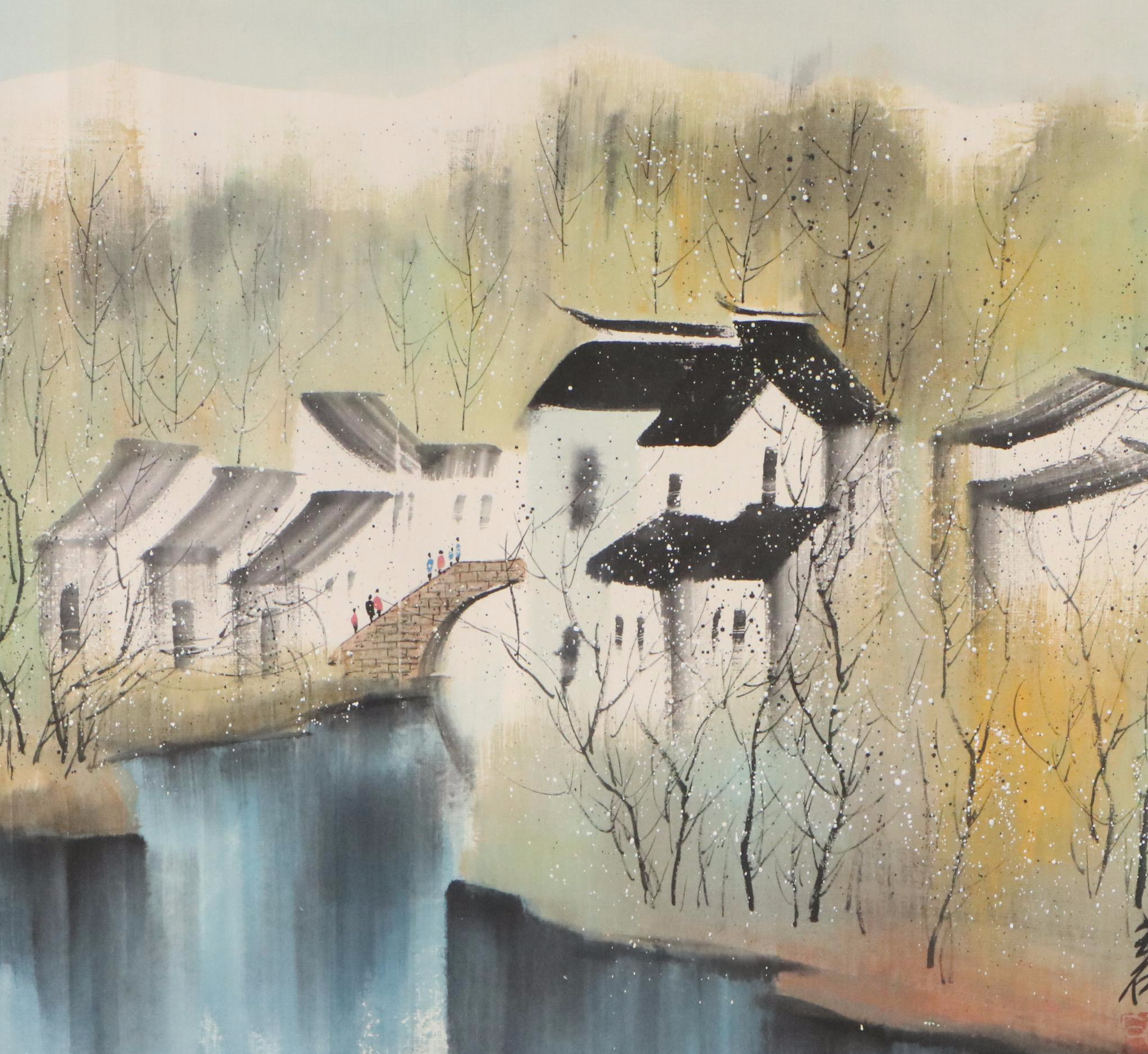 Chinese School Landscape Gouache Painting of Riverside Neighborhood