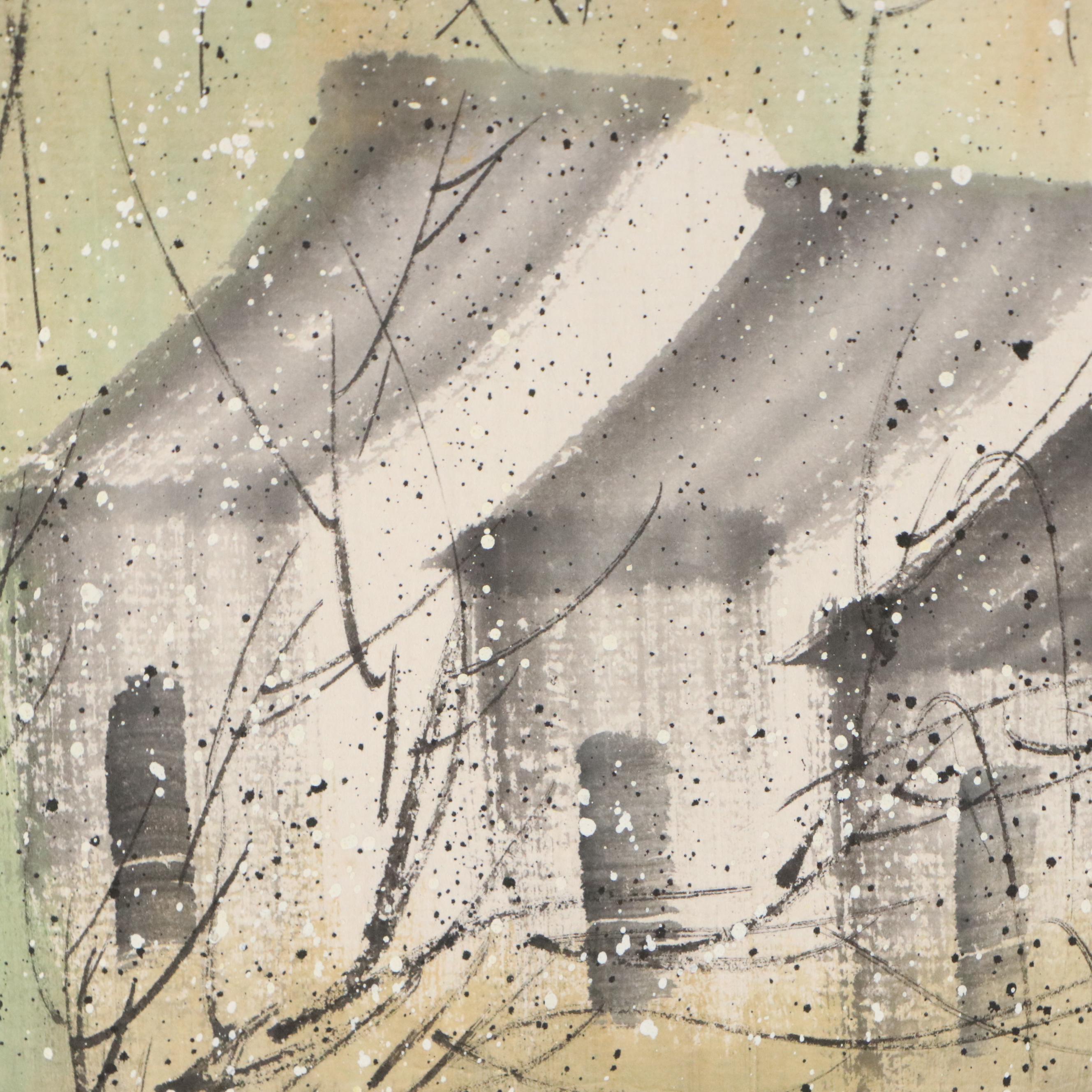 Chinese School Landscape Gouache Painting of Riverside Neighborhood