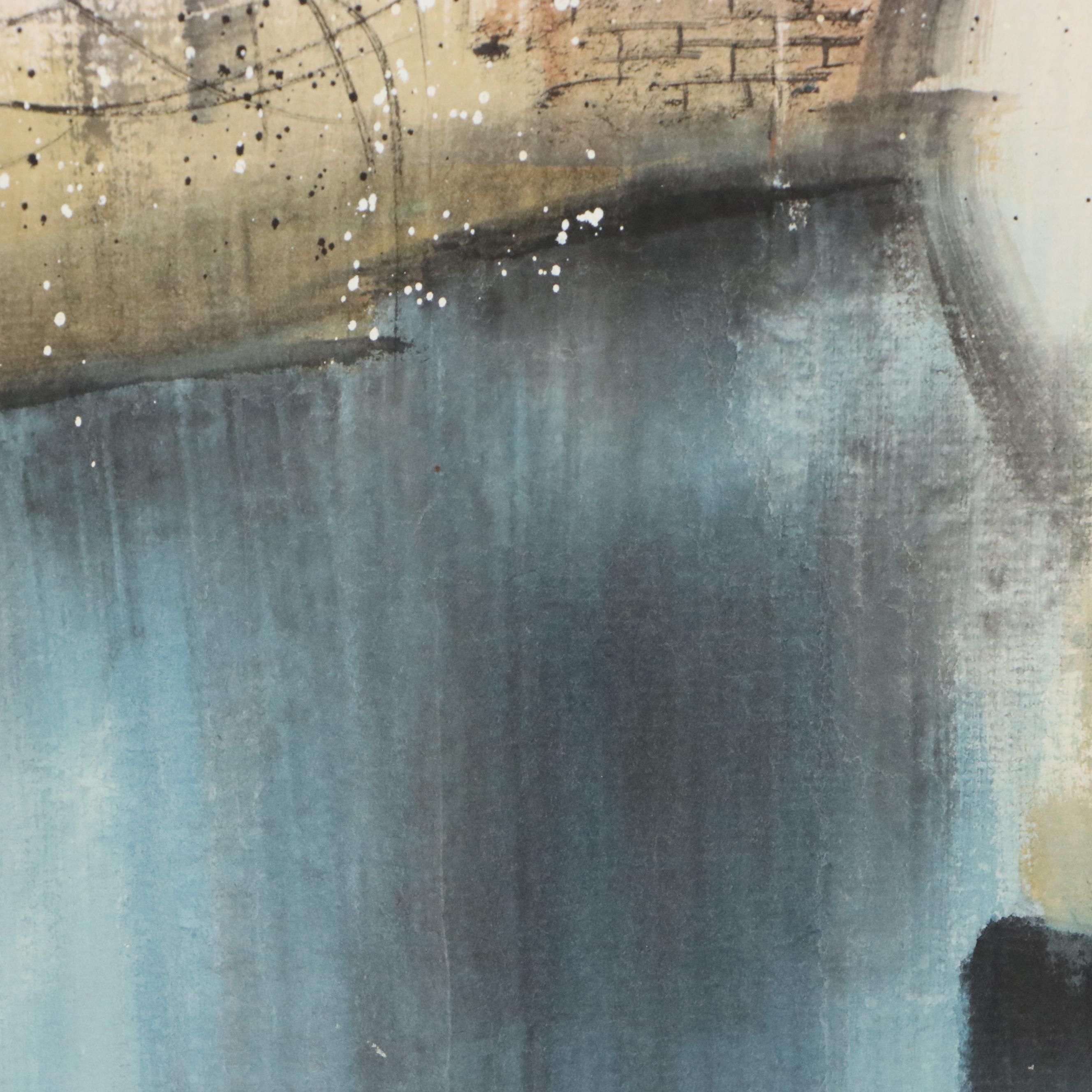 Chinese School Landscape Gouache Painting of Riverside Neighborhood