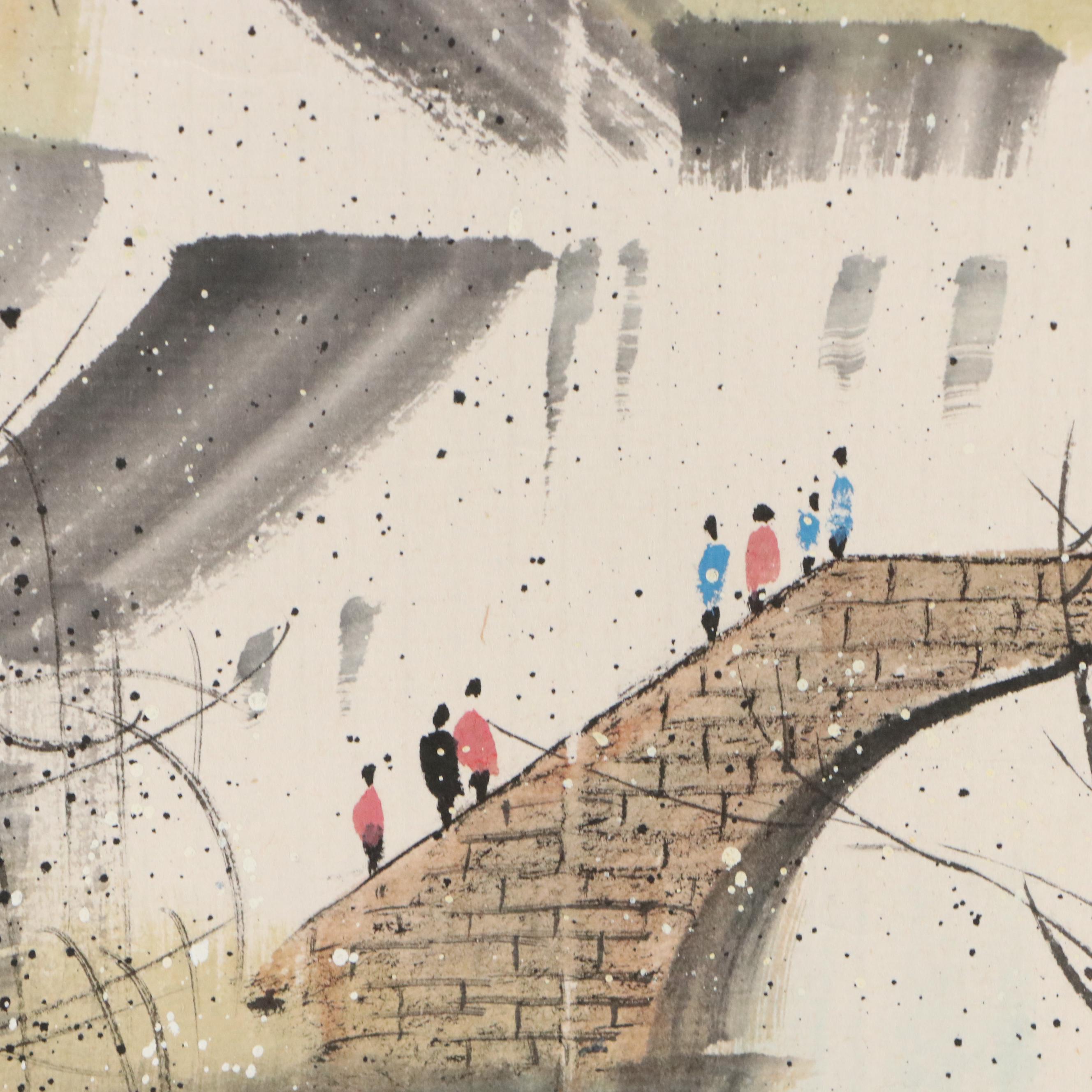 Chinese School Landscape Gouache Painting of Riverside Neighborhood