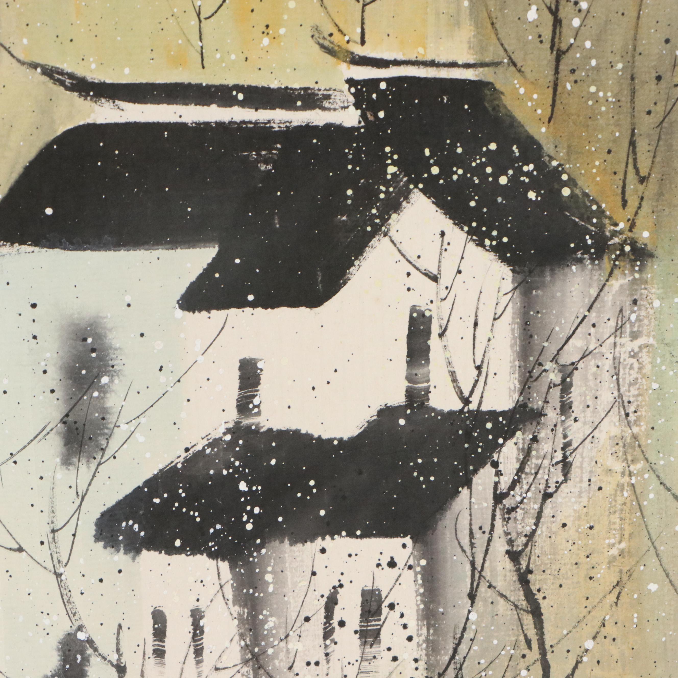 Chinese School Landscape Gouache Painting of Riverside Neighborhood