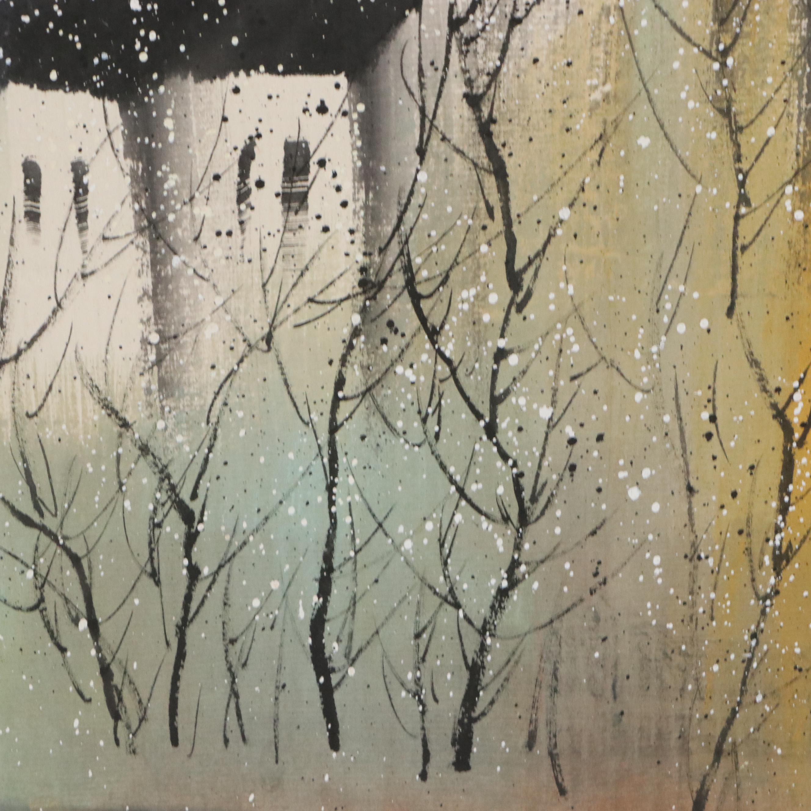 Chinese School Landscape Gouache Painting of Riverside Neighborhood