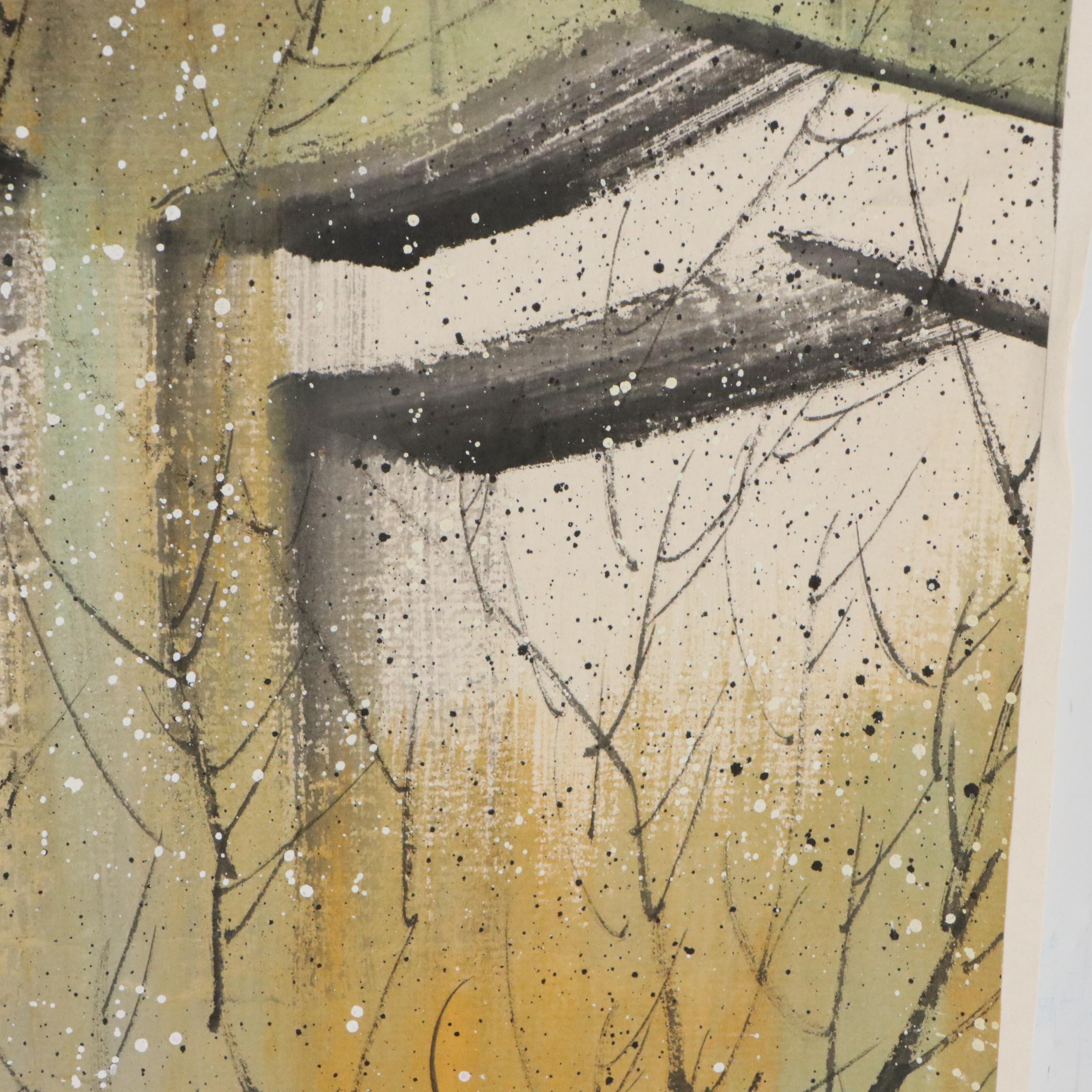 Chinese School Landscape Gouache Painting of Riverside Neighborhood