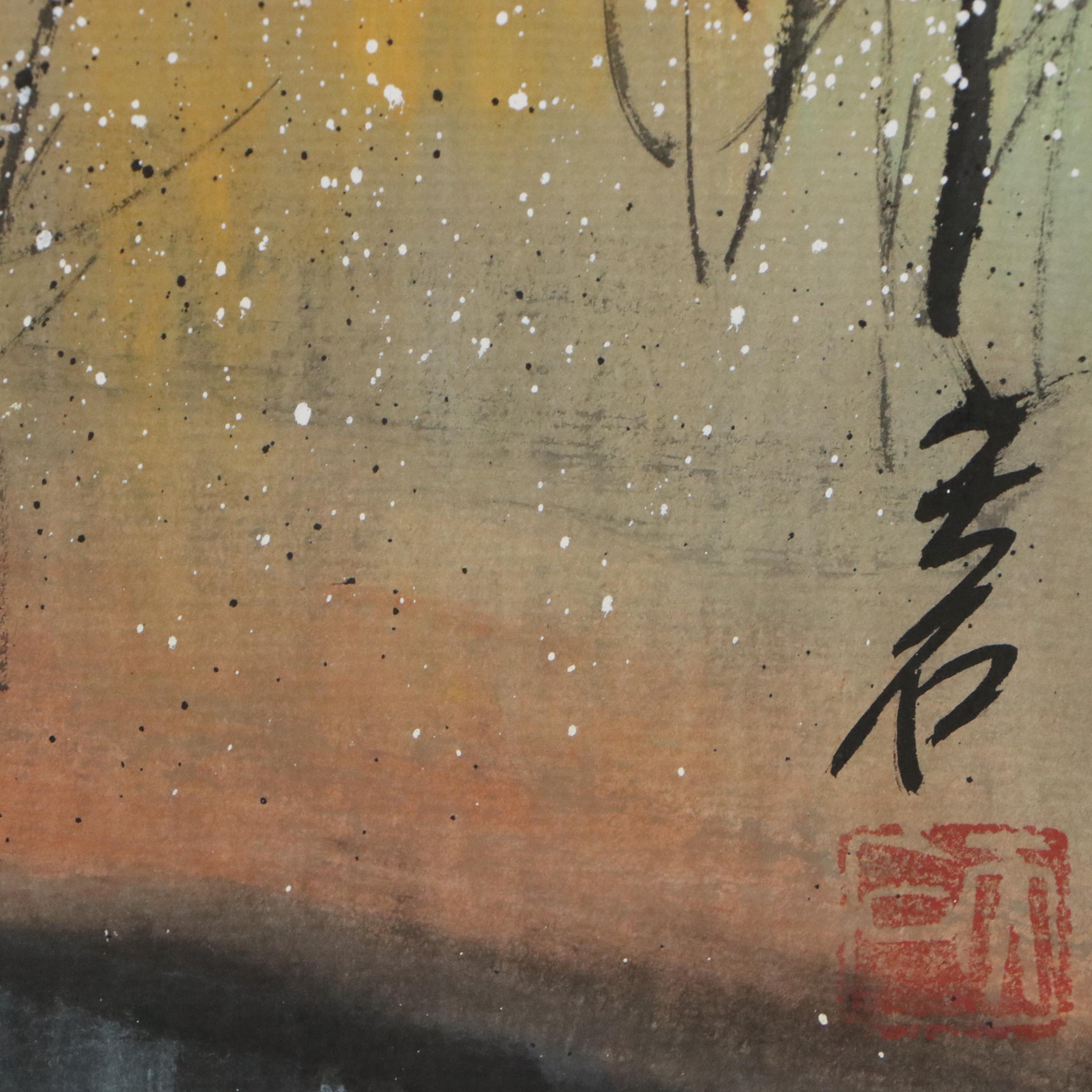 Chinese School Landscape Gouache Painting of Riverside Neighborhood