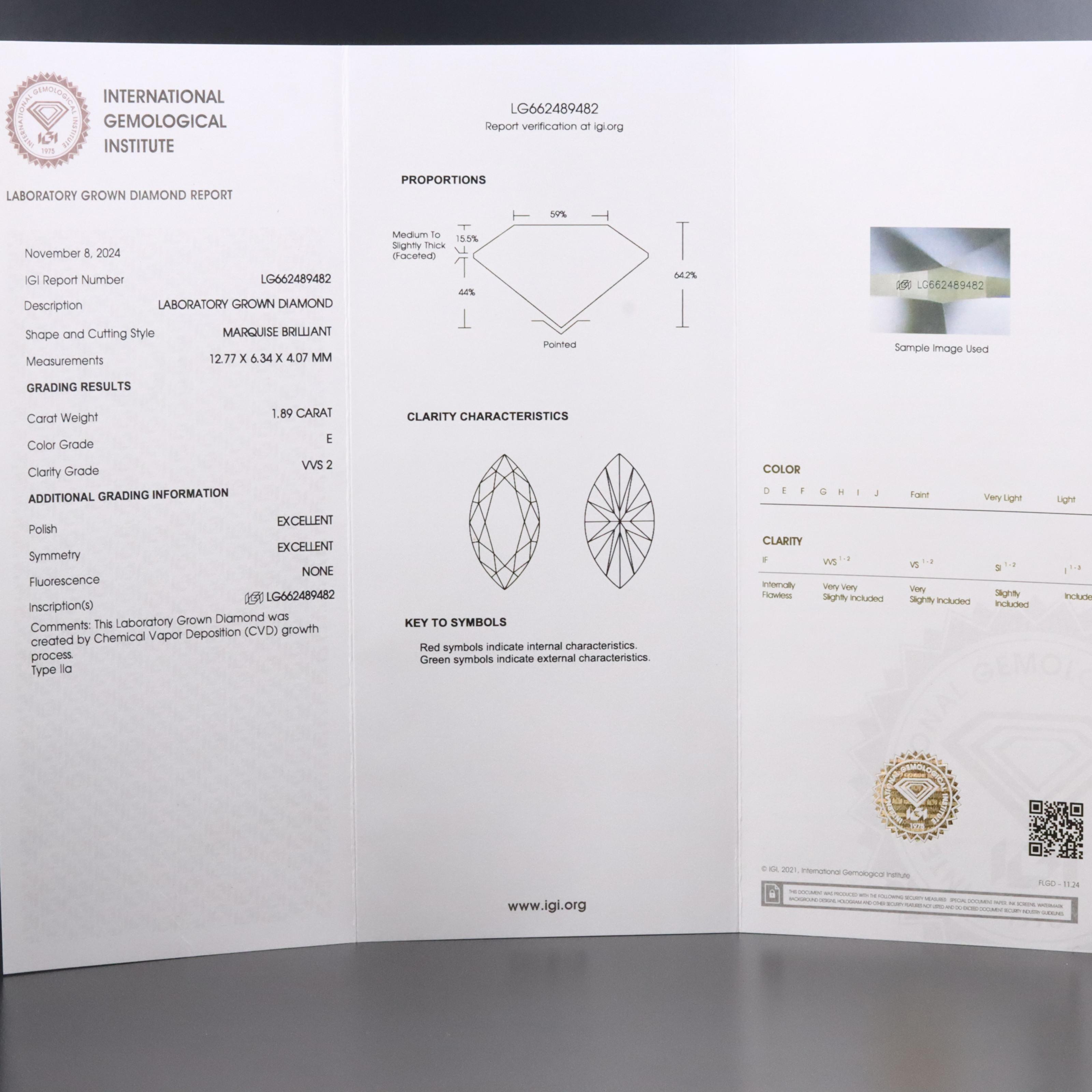 Loose 1.89 CT Lab Grown Diamond with IGI Report