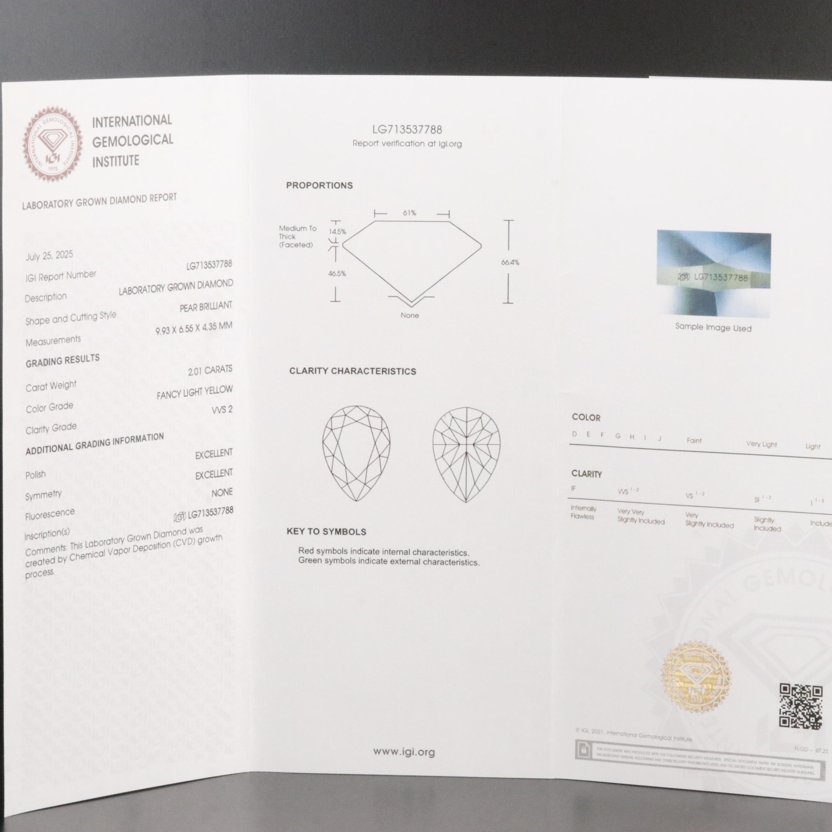 Loose 2.01 CT Lab Grown Fancy Yellow Diamond with IGI Report