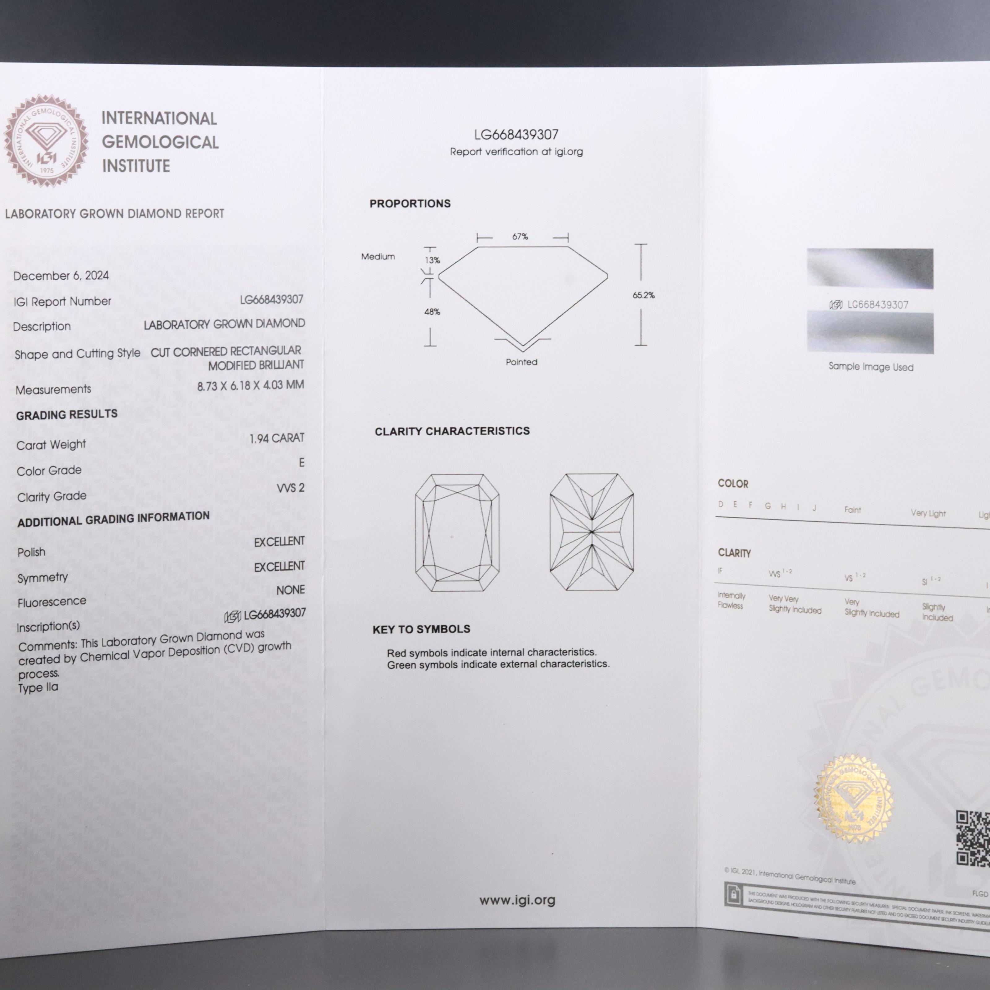 Loose 1.94 CT Lab Grown Diamond with IGI Report
