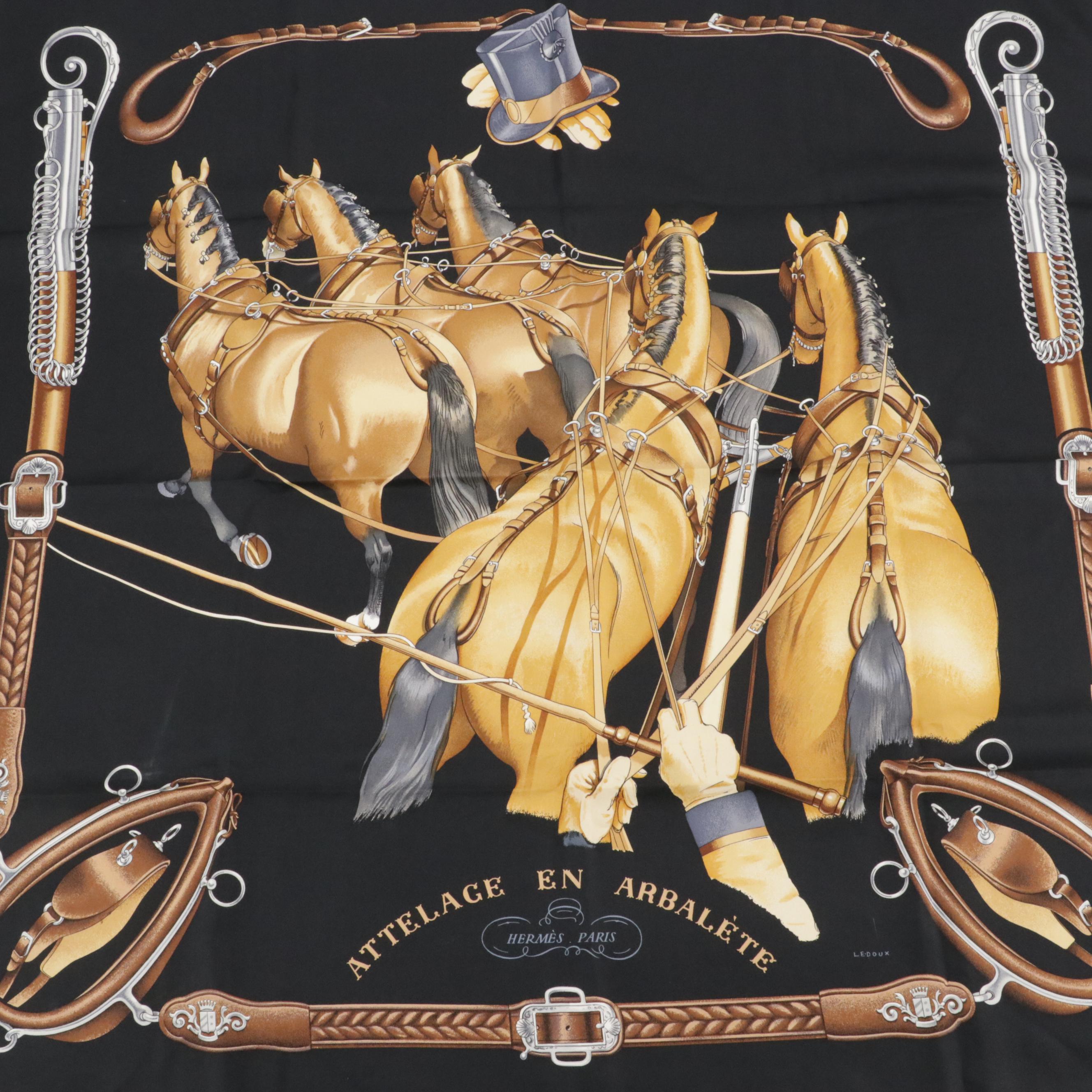 Hermès "Attelage en Arbalète" Scarf 90 in Silk Twill with Box