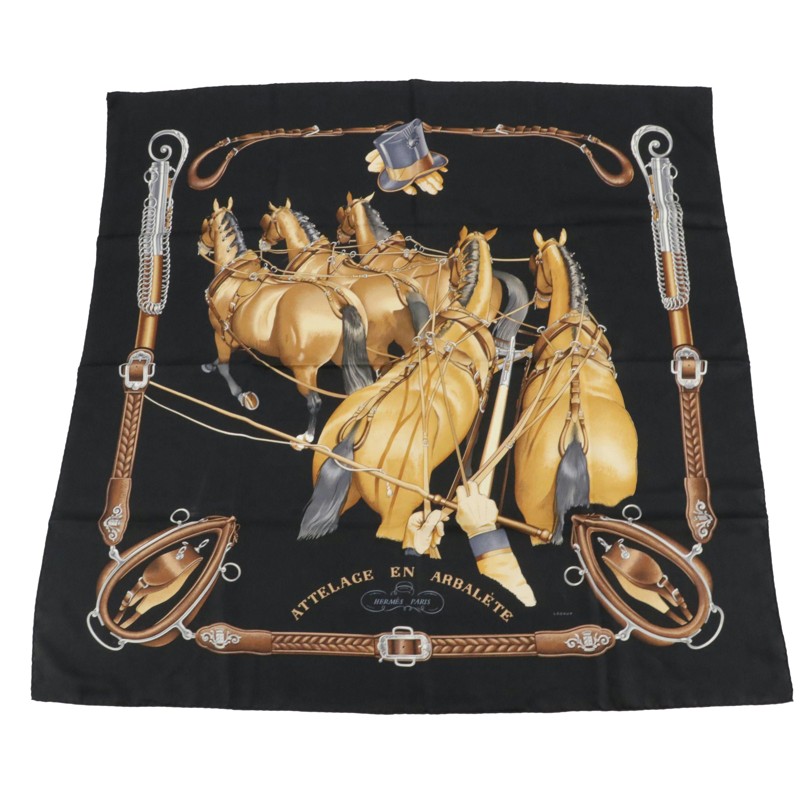 Hermès "Attelage en Arbalète" Scarf 90 in Silk Twill with Box