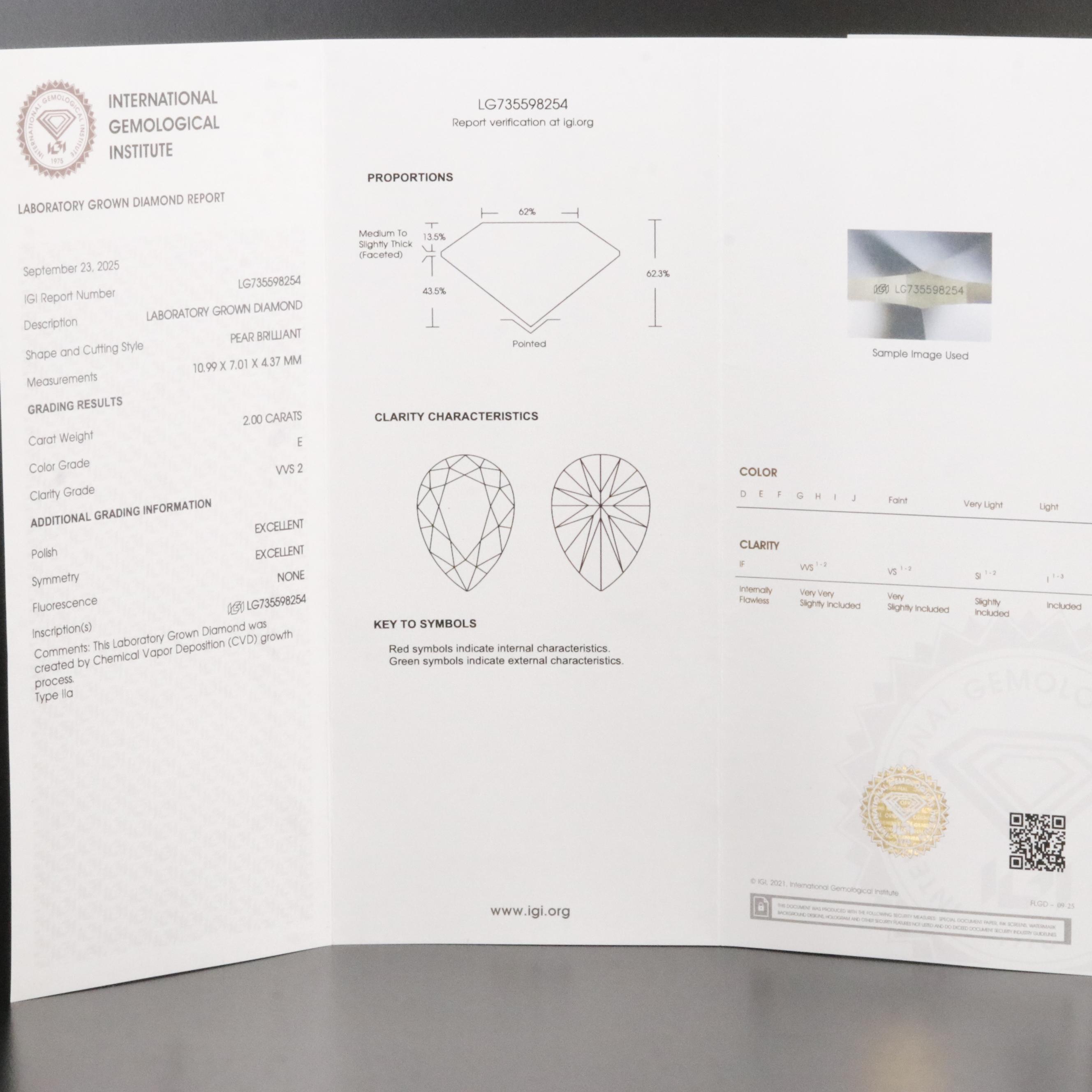 Loose 2.00 CT Lab Grown Diamond with IGI Report