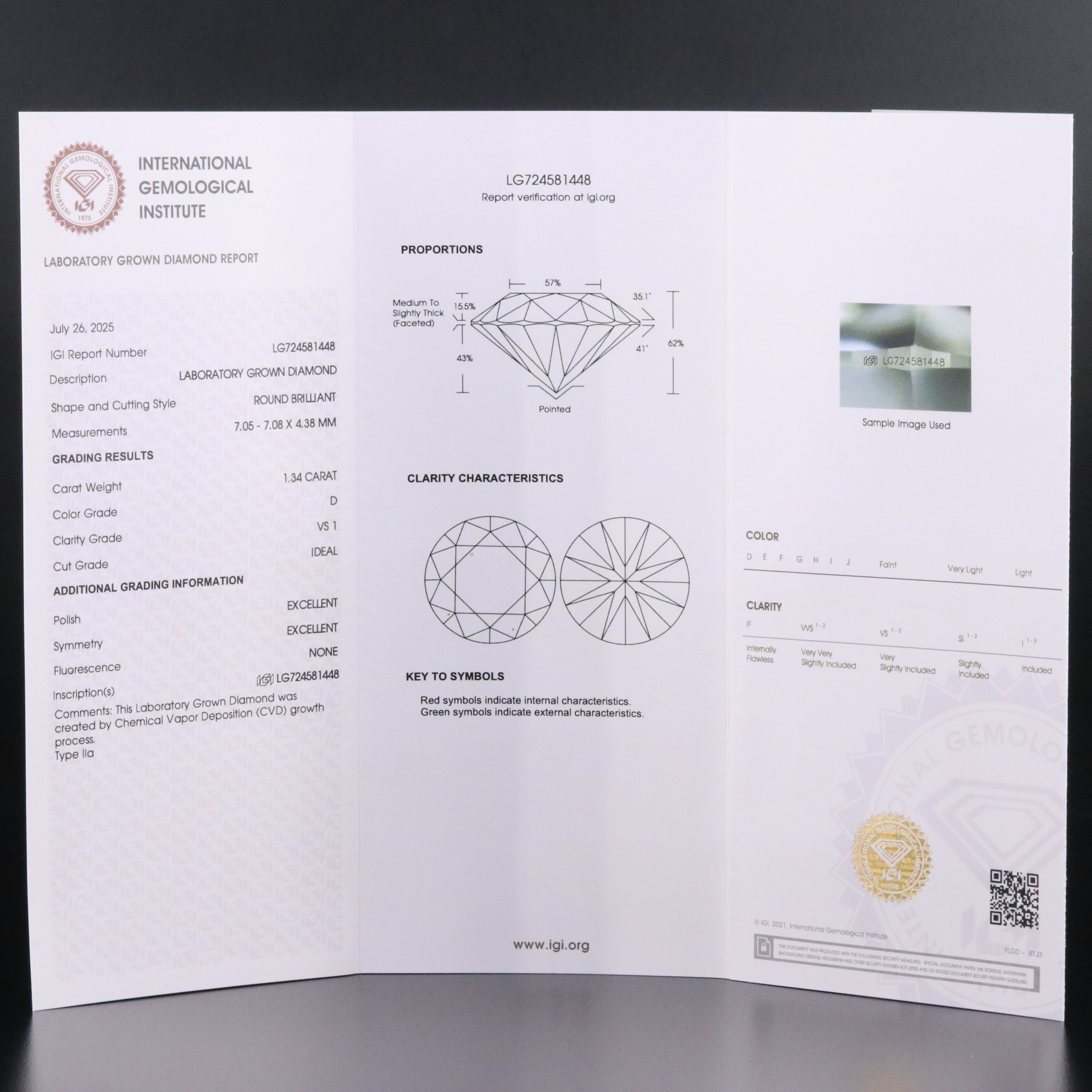 Loose 1.34 CT Lab Grown Diamond with IGI Report