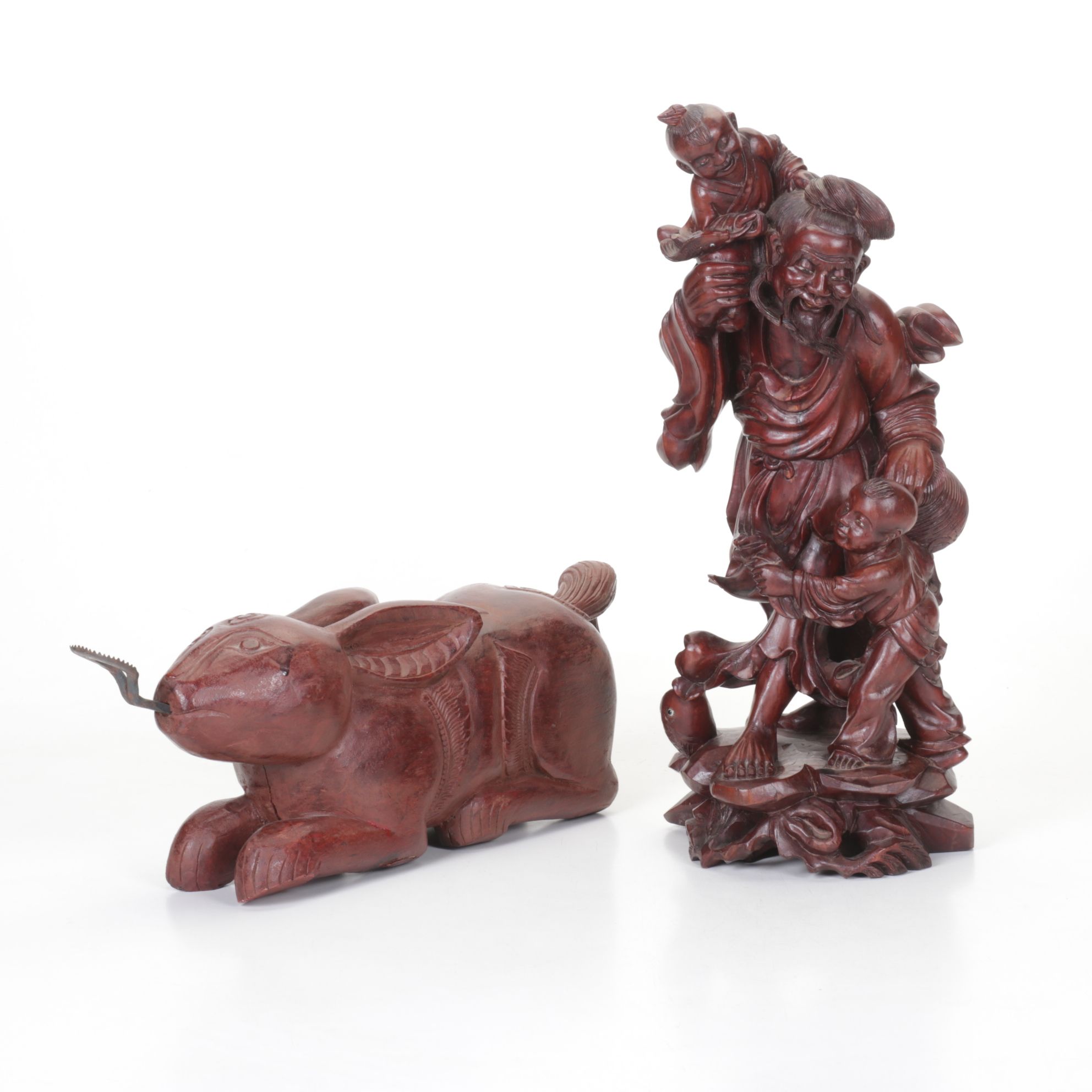 Chinese Carved Wood Shoulao Statue with Rabbit Coconut Scrapper Figurine
