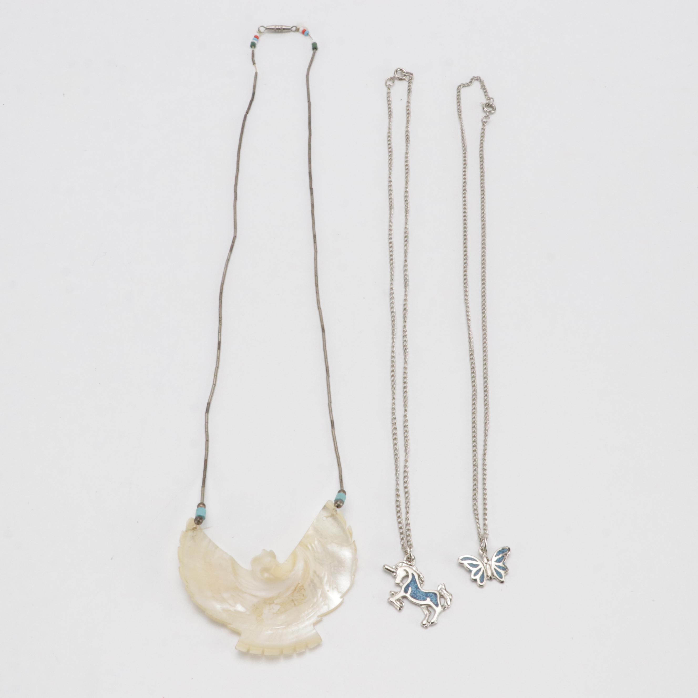 Mother of Pearl Spread Eagle, Silver Toned Dove, Butterfly and Other Necklaces