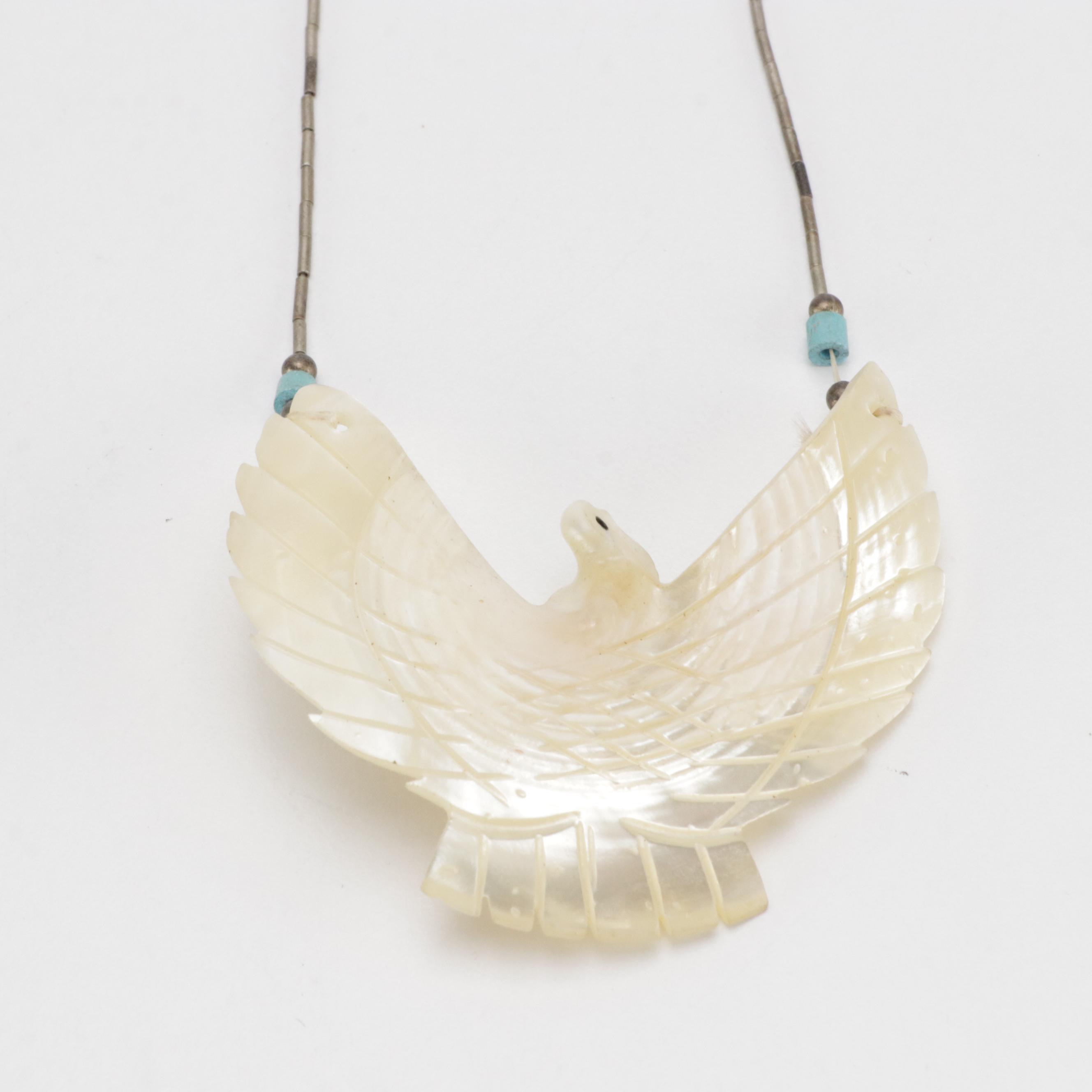 Mother of Pearl Spread Eagle, Silver Toned Dove, Butterfly and Other Necklaces