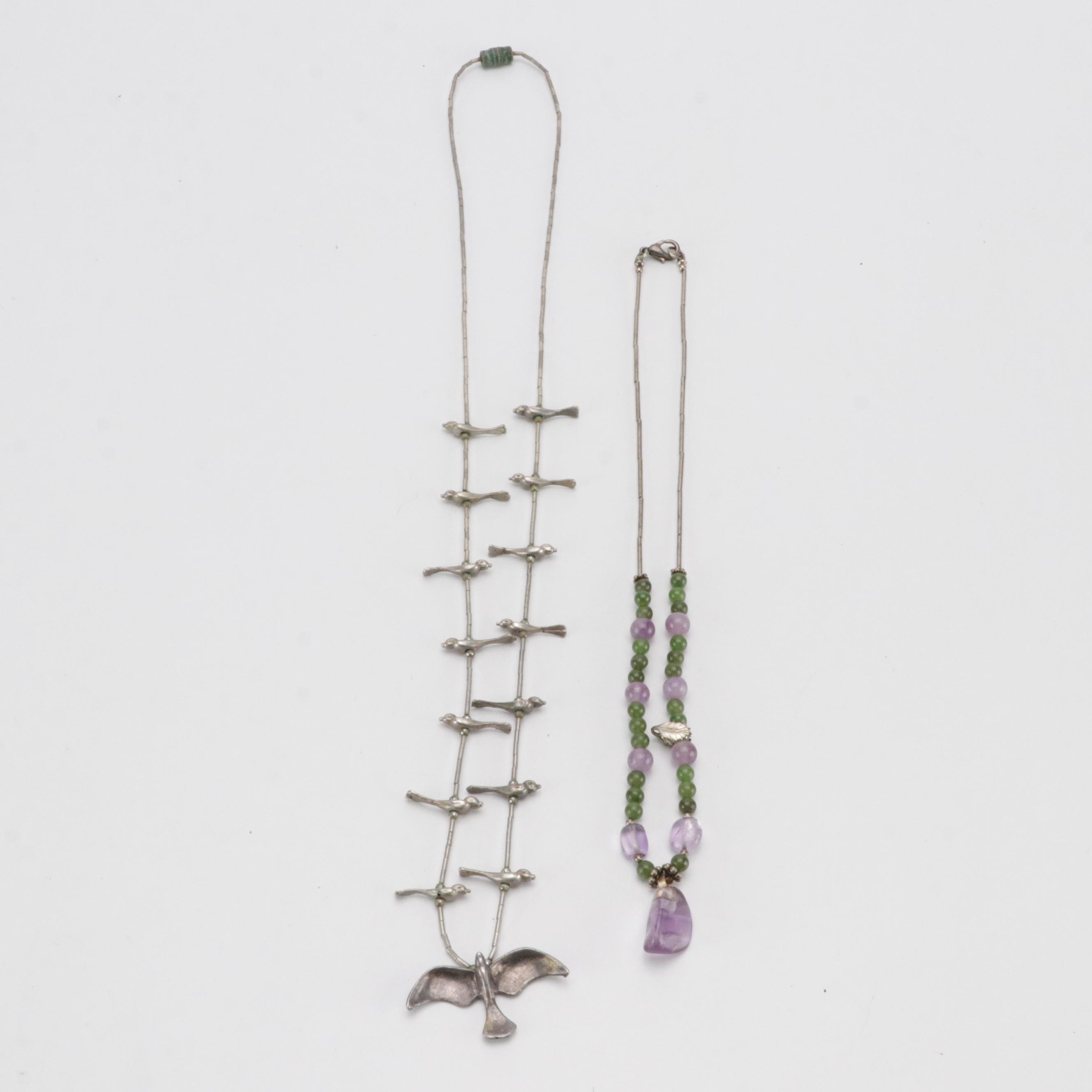 Mother of Pearl Spread Eagle, Silver Toned Dove, Butterfly and Other Necklaces