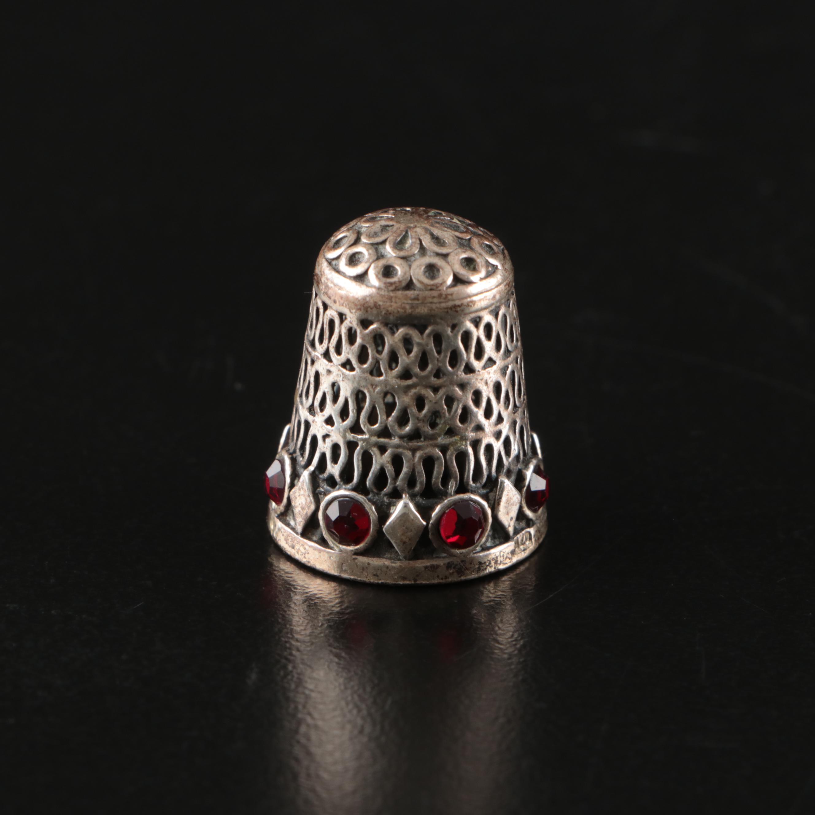 Silver Toned Thimbles with Enamel and Rhinestone Accents, 20th Century