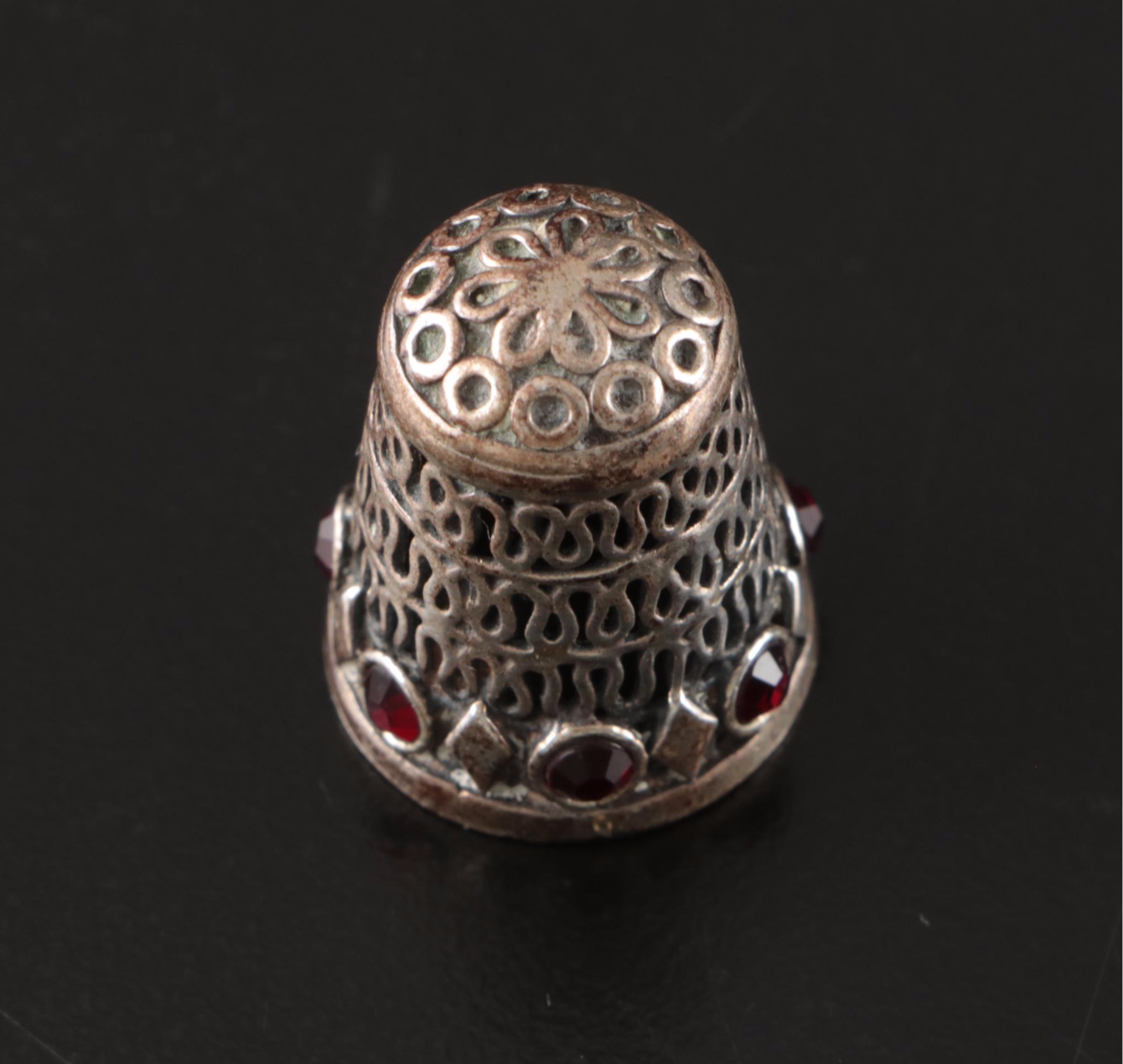 Silver Toned Thimbles with Enamel and Rhinestone Accents, 20th Century