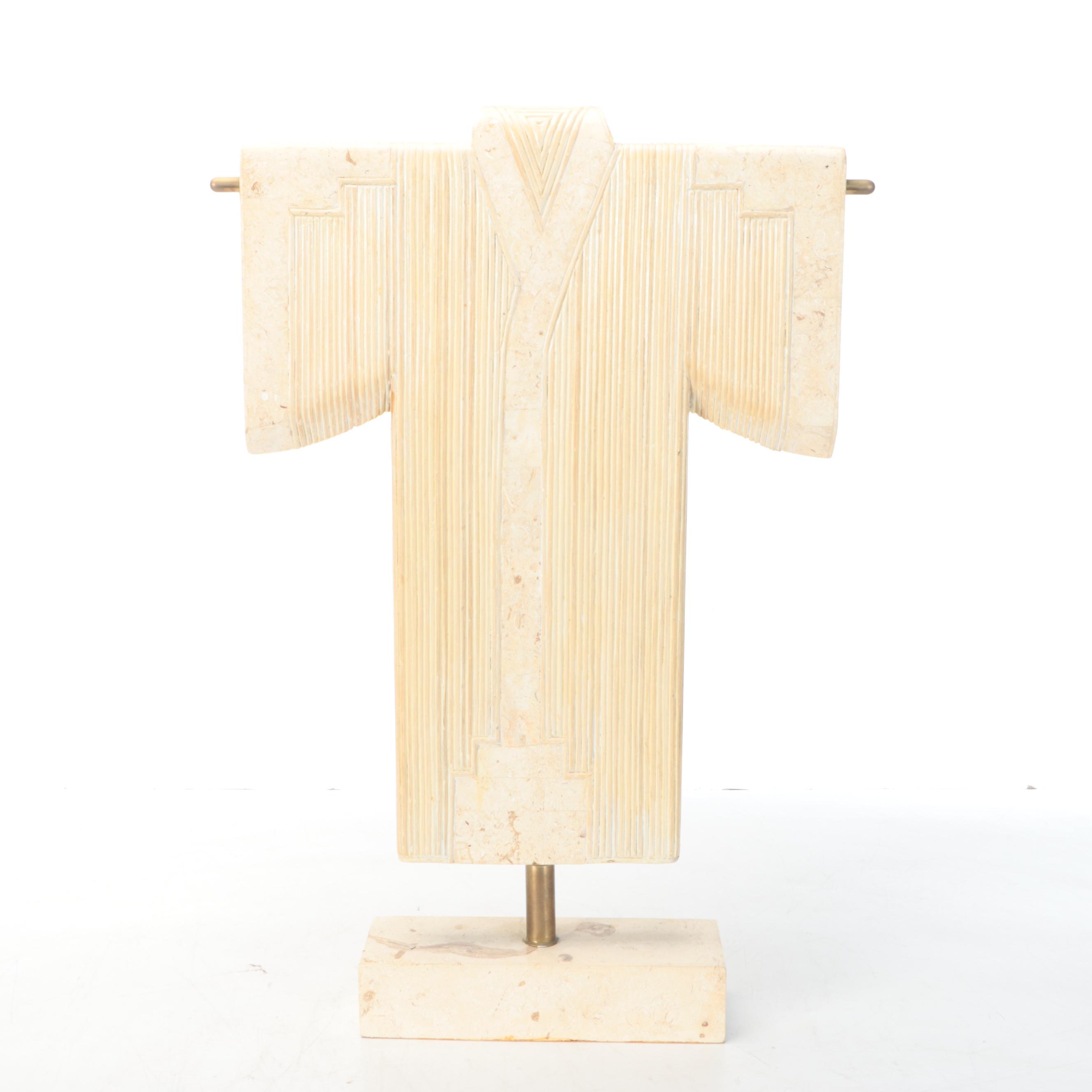 Maitland-Smith Attr. Travertine Kimono Statue, and Stone on Iron Candle Stand