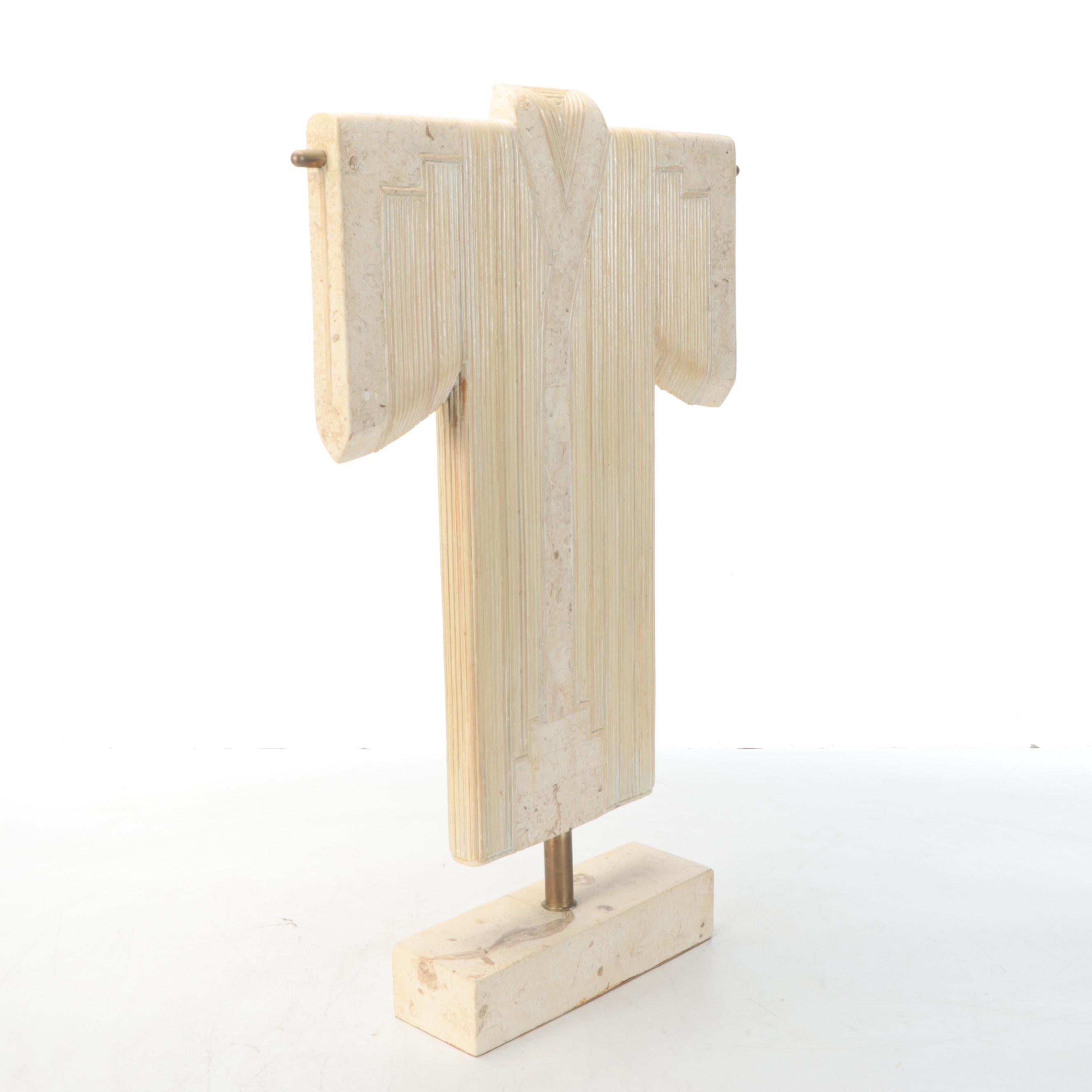 Maitland-Smith Attr. Travertine Kimono Statue, and Stone on Iron Candle Stand