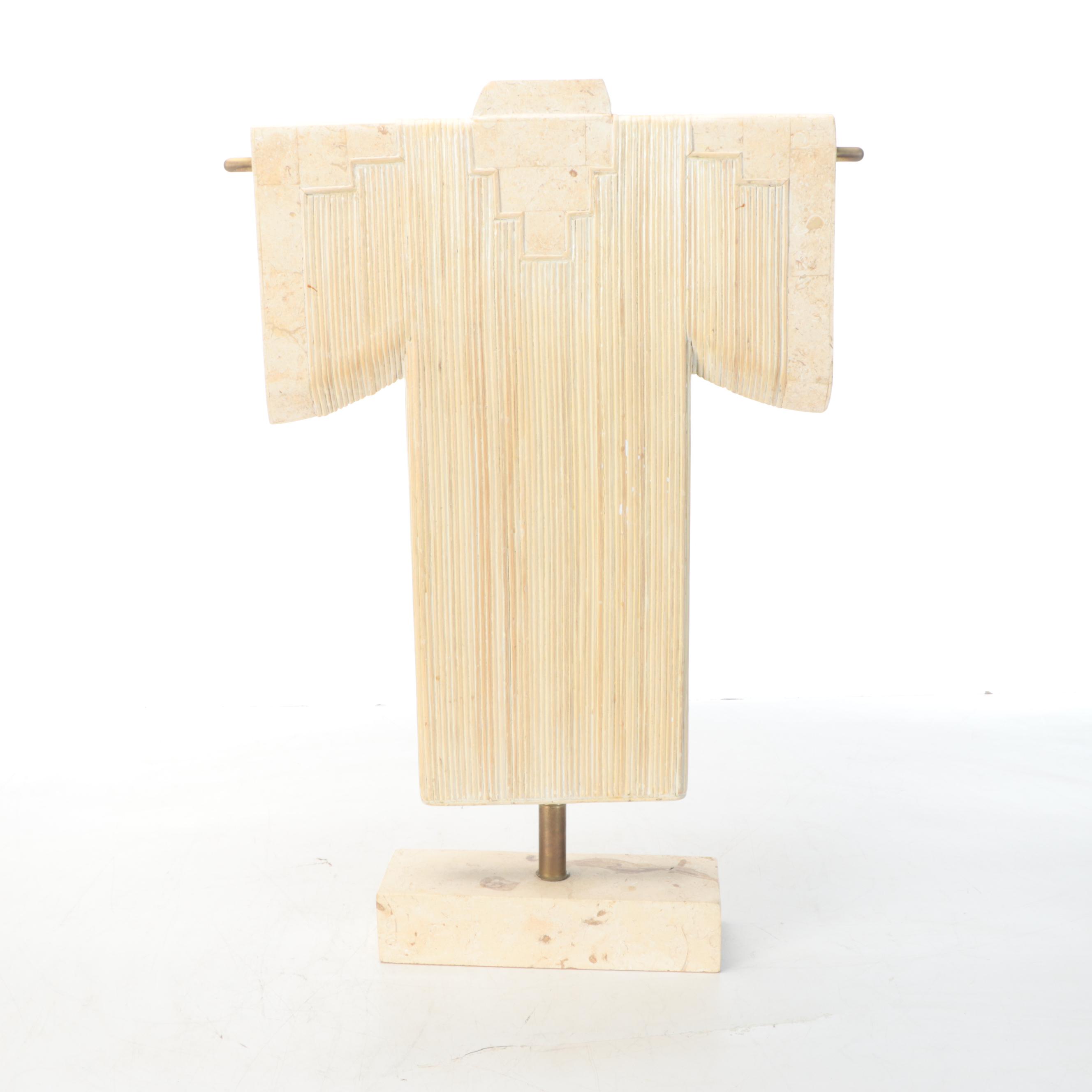 Maitland-Smith Attr. Travertine Kimono Statue, and Stone on Iron Candle Stand