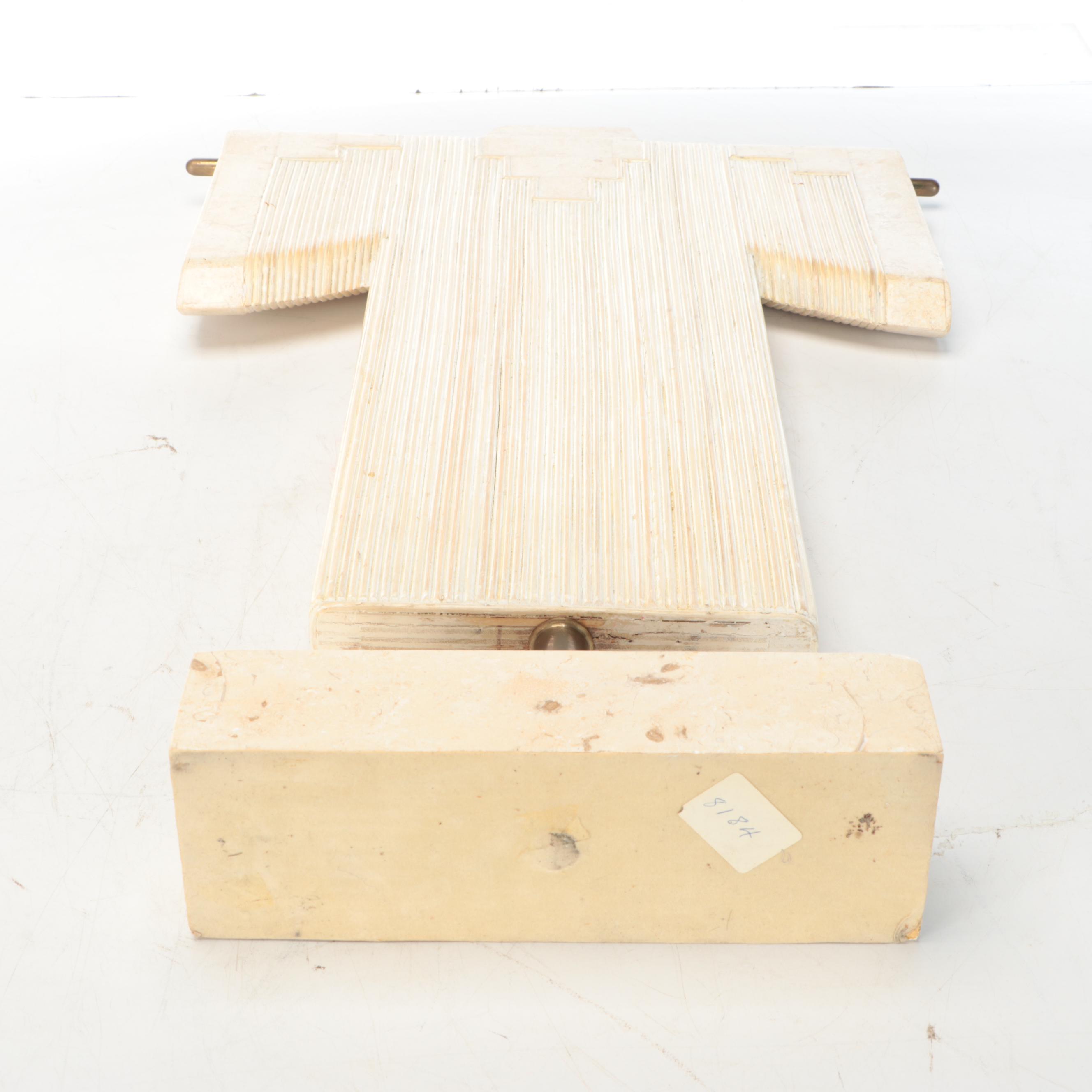 Maitland-Smith Attr. Travertine Kimono Statue, and Stone on Iron Candle Stand