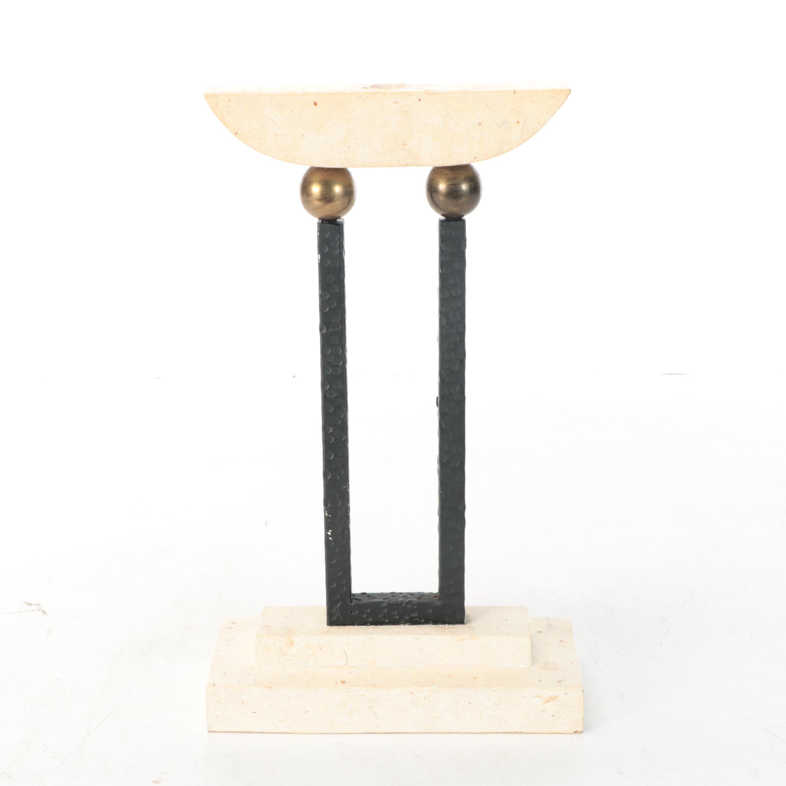 Maitland-Smith Attr. Travertine Kimono Statue, and Stone on Iron Candle Stand