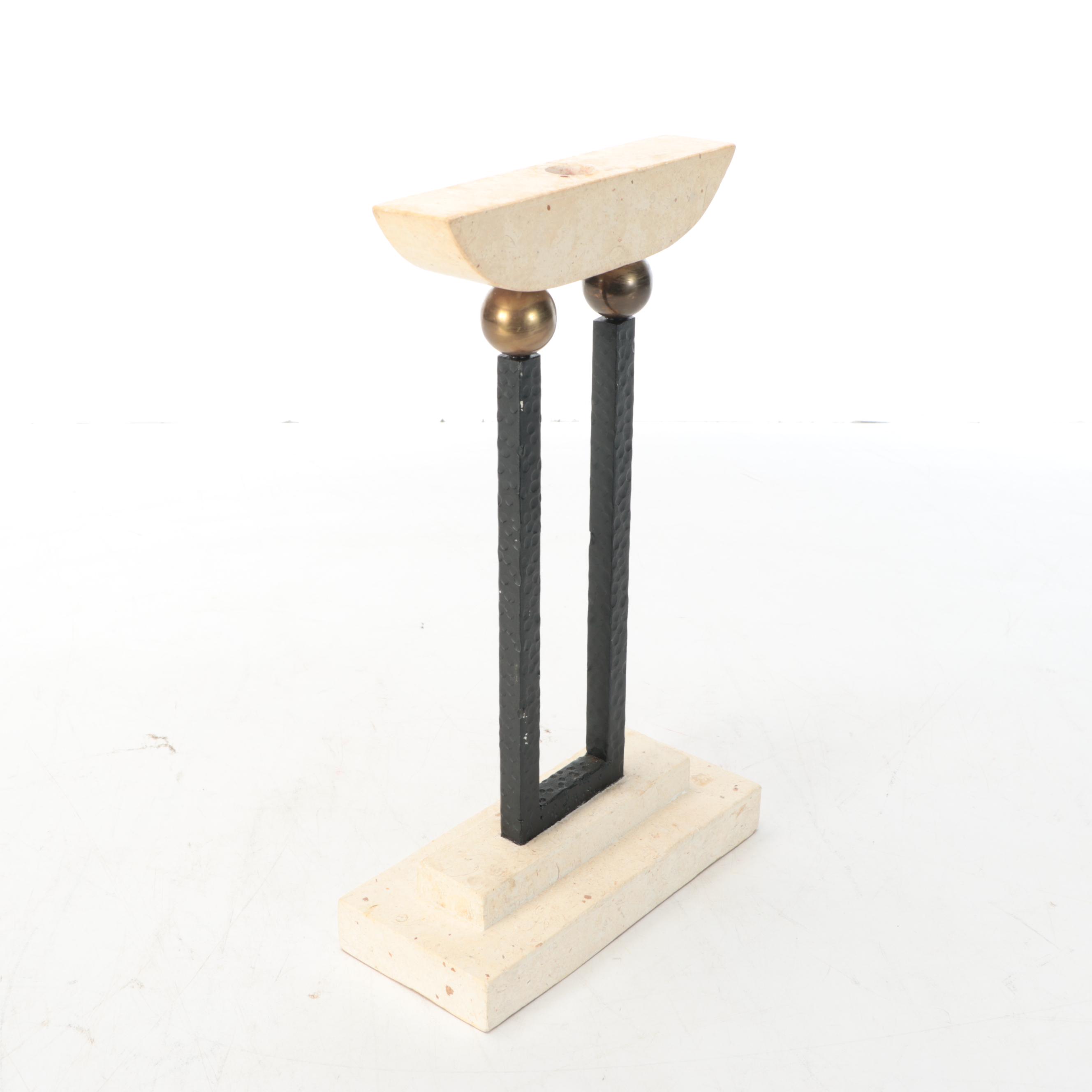 Maitland-Smith Attr. Travertine Kimono Statue, and Stone on Iron Candle Stand