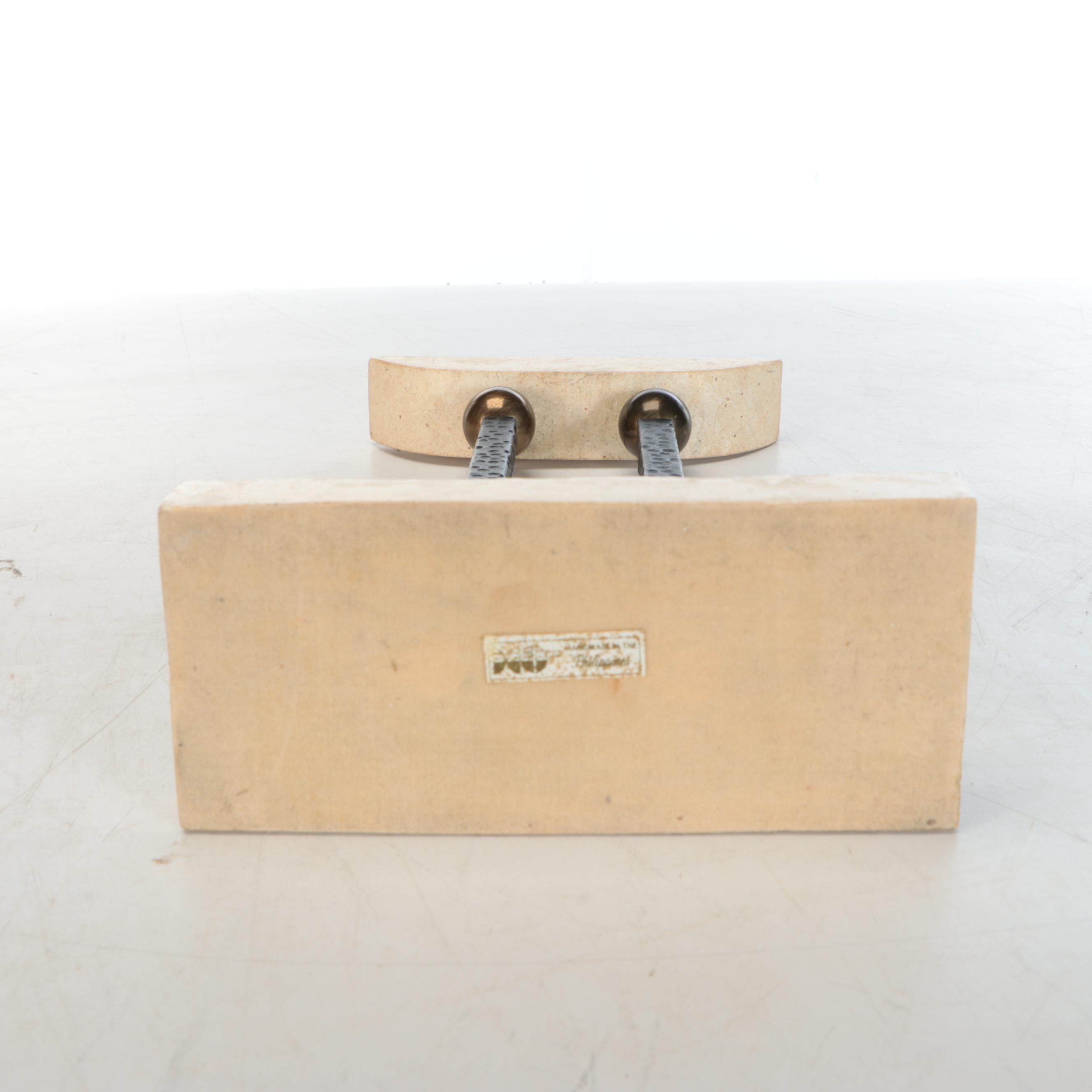 Maitland-Smith Attr. Travertine Kimono Statue, and Stone on Iron Candle Stand