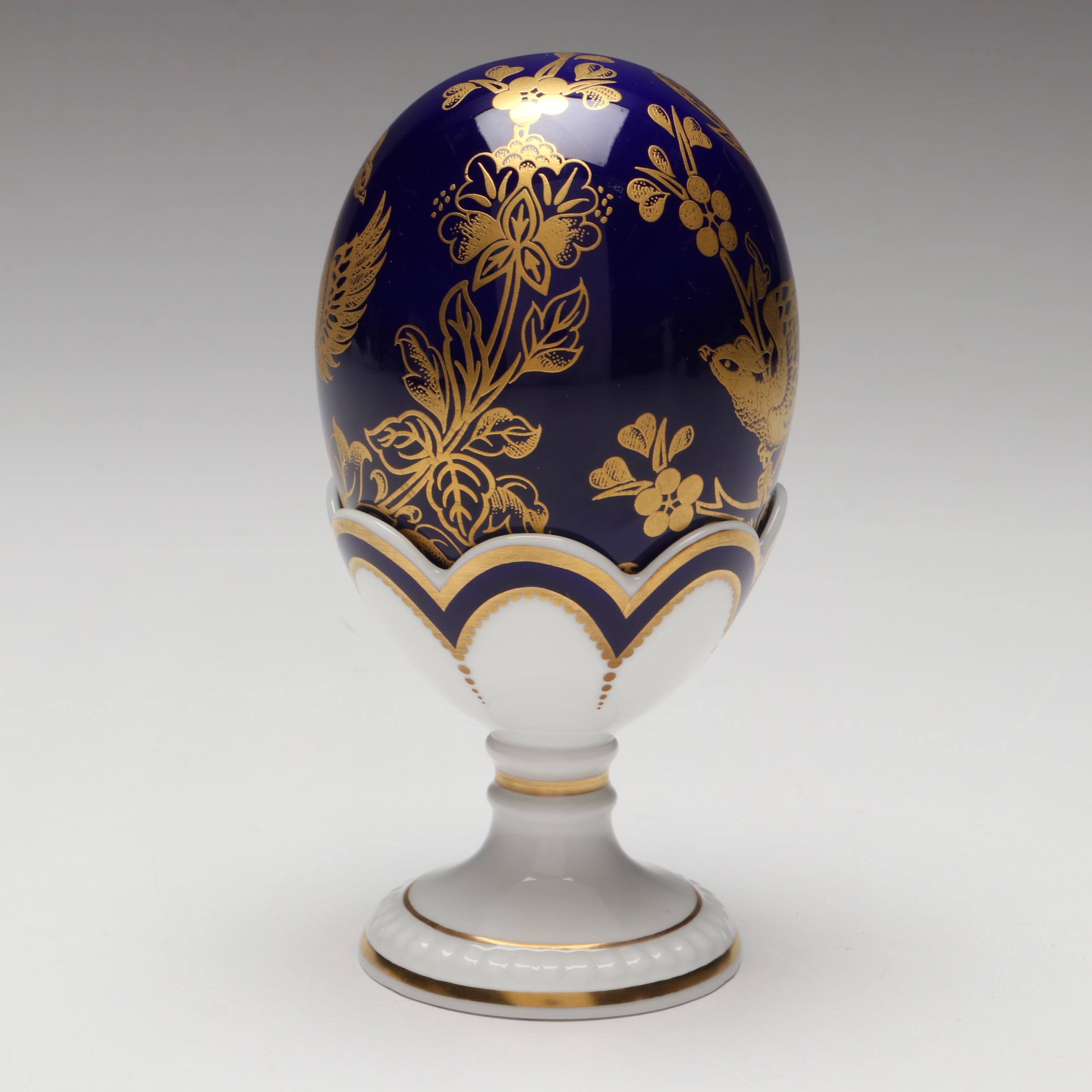 Royal Crown Derby English Bone China Gilt Cobalt Egg with Stand