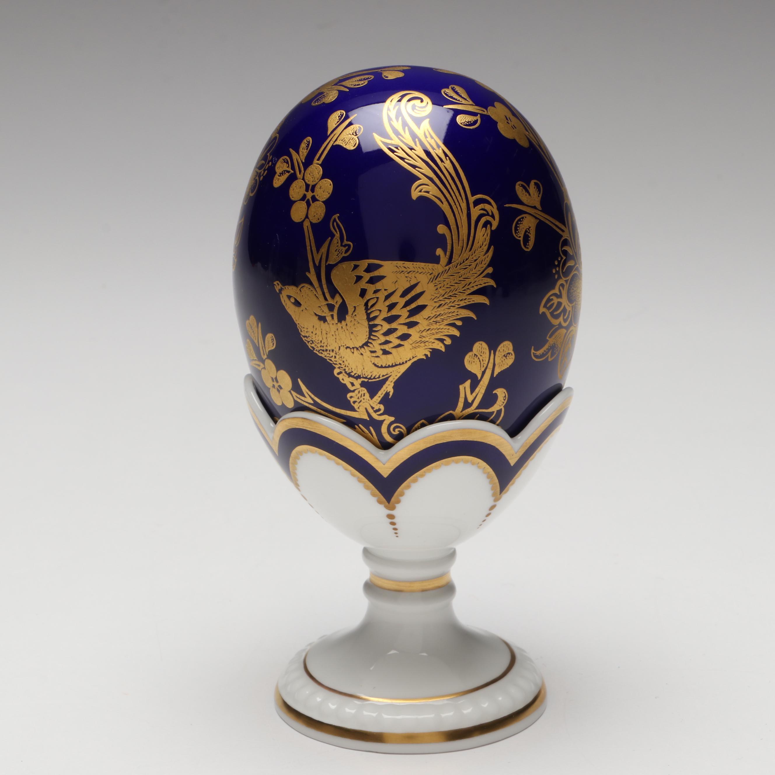 Royal Crown Derby English Bone China Gilt Cobalt Egg with Stand