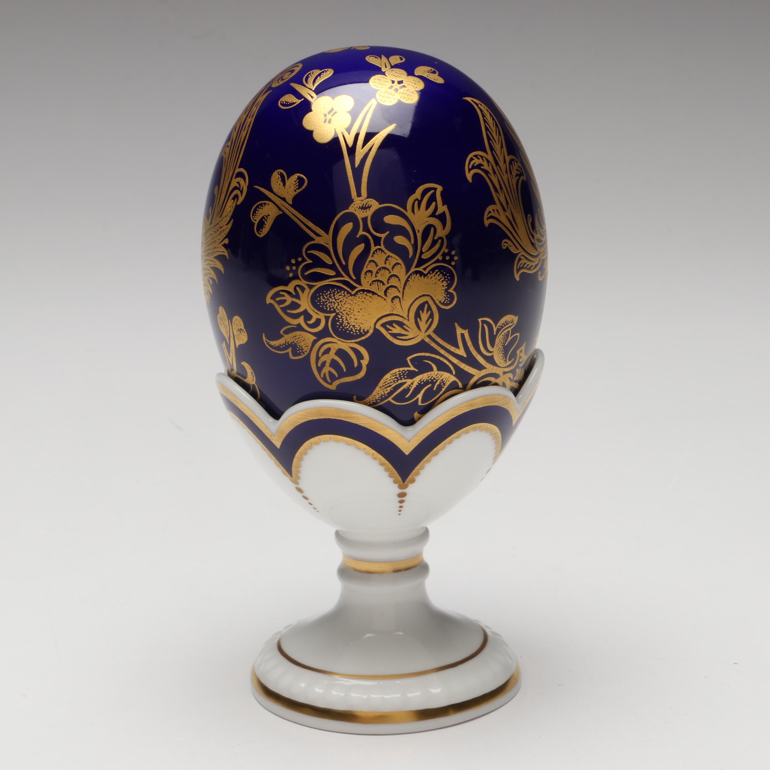 Royal Crown Derby English Bone China Gilt Cobalt Egg with Stand