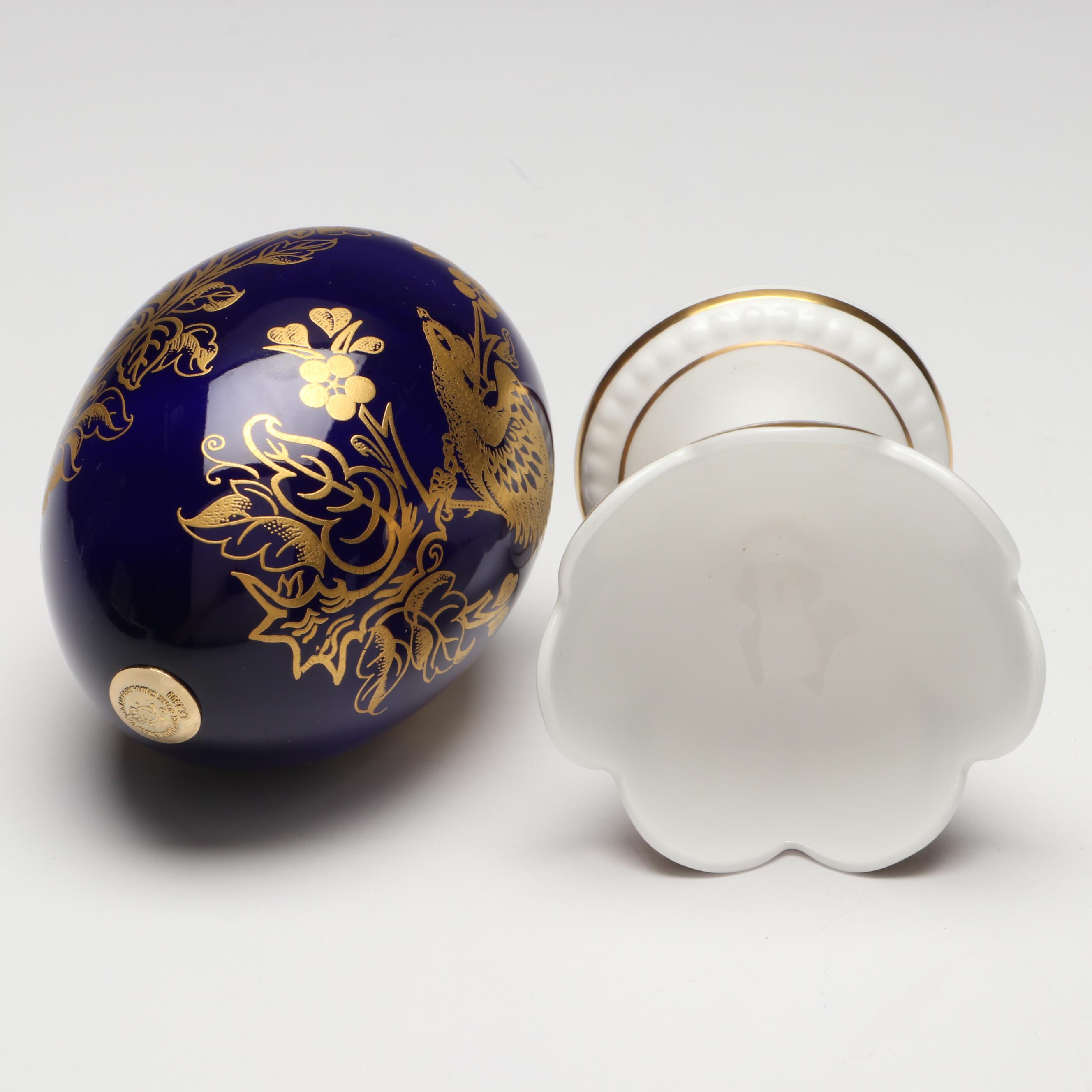 Royal Crown Derby English Bone China Gilt Cobalt Egg with Stand