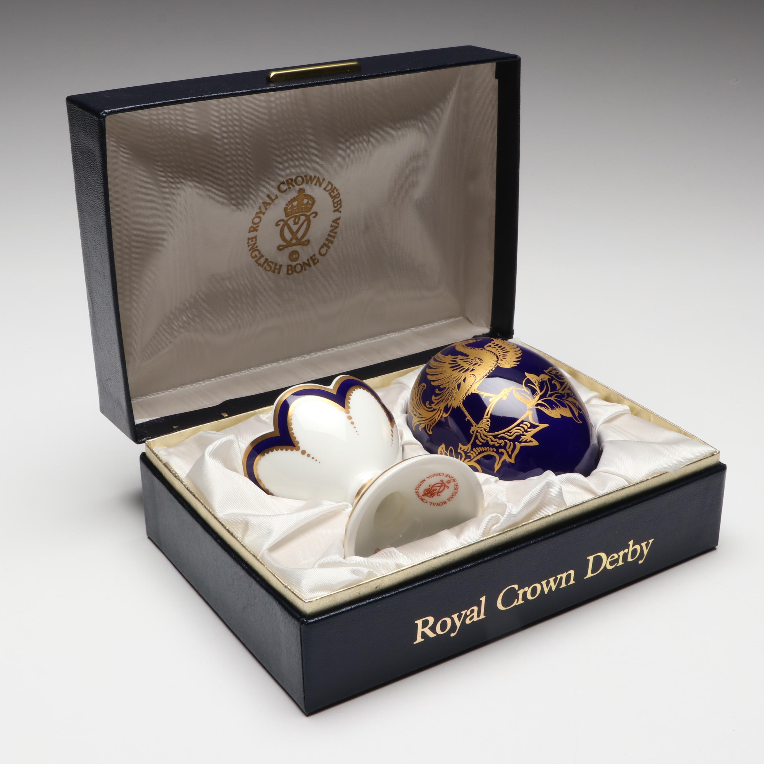 Royal Crown Derby English Bone China Gilt Cobalt Egg with Stand