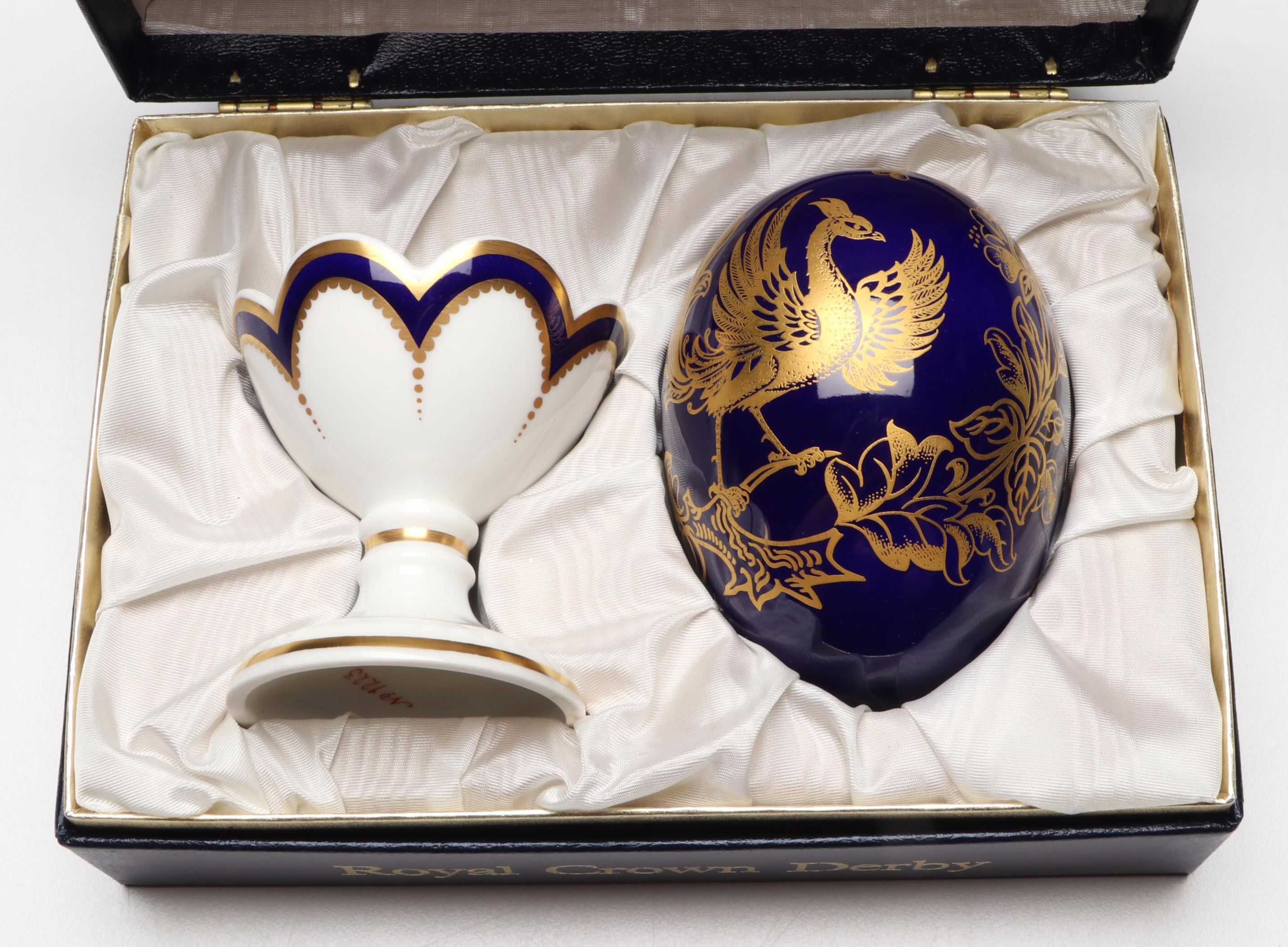 Royal Crown Derby English Bone China Gilt Cobalt Egg with Stand