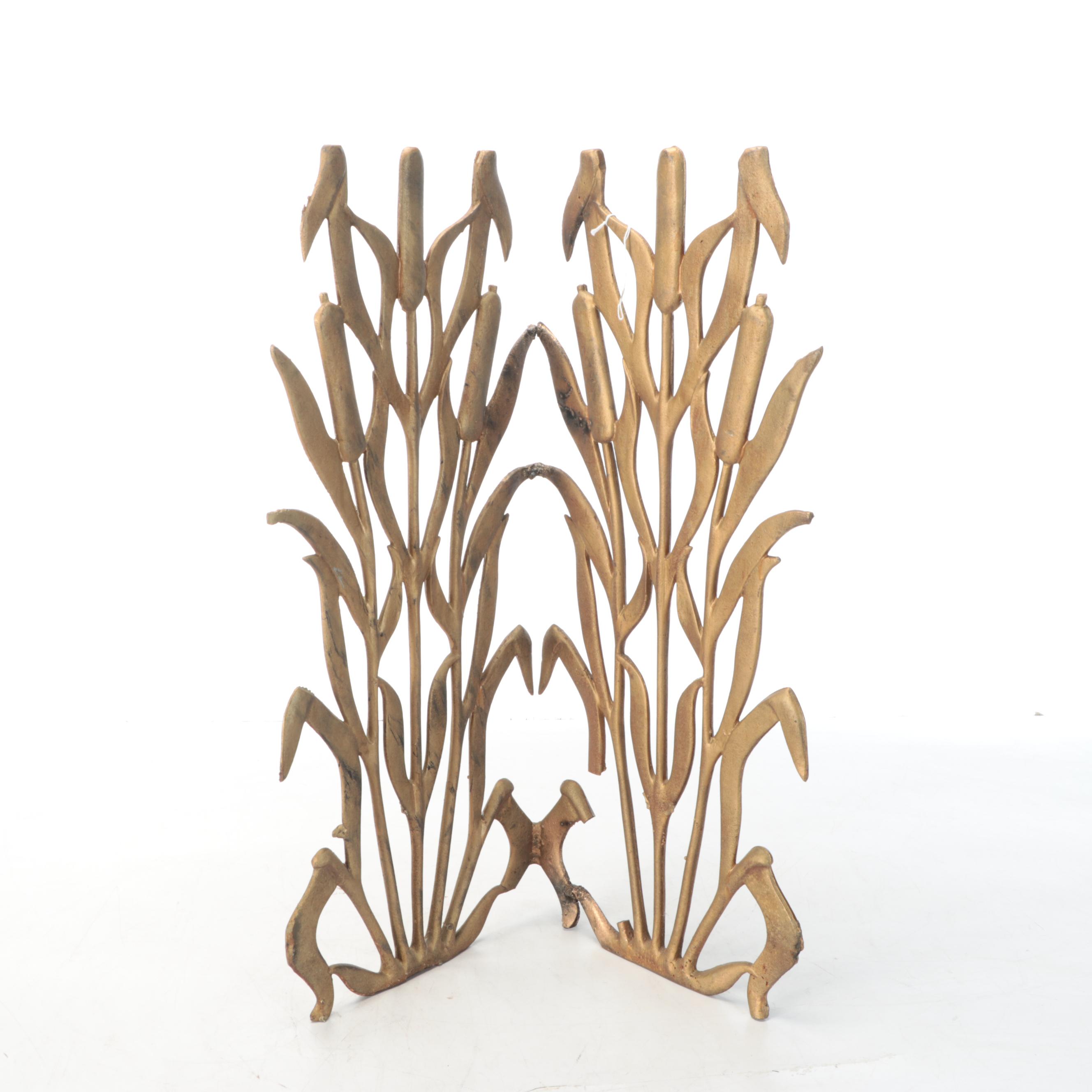 Hollywood Regency Style Gilt Metal Cattail Fire Screens, Mid to Late 20th C.