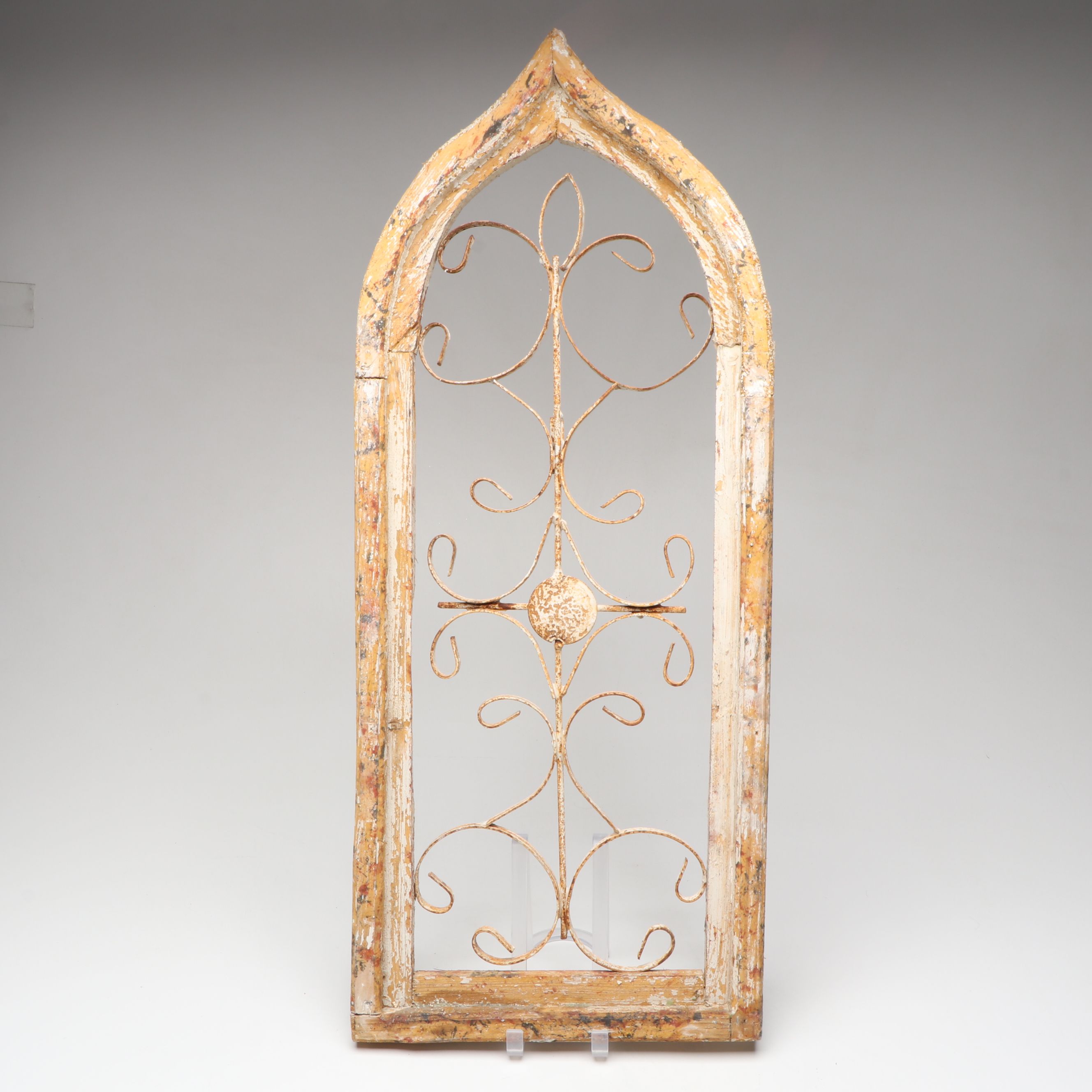 Gothic Style Wood and Scrolled Metal Archtop Window Frame